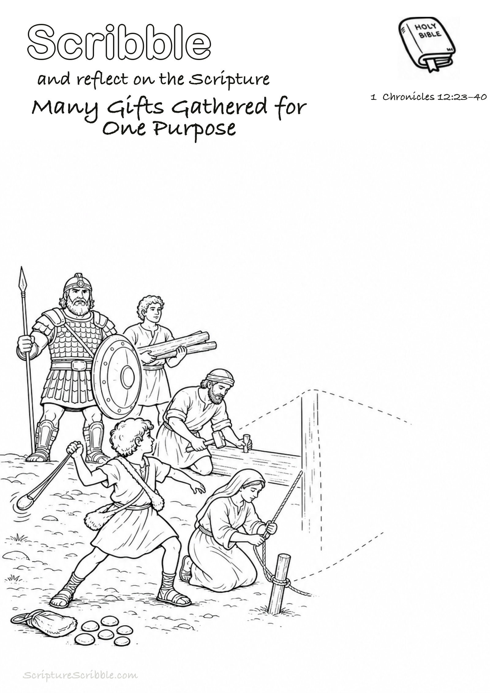 Preview of 1 Chronicles 12:23–40 Many Gifts Gathered for One Purpose Devotional Drawing Page Printable