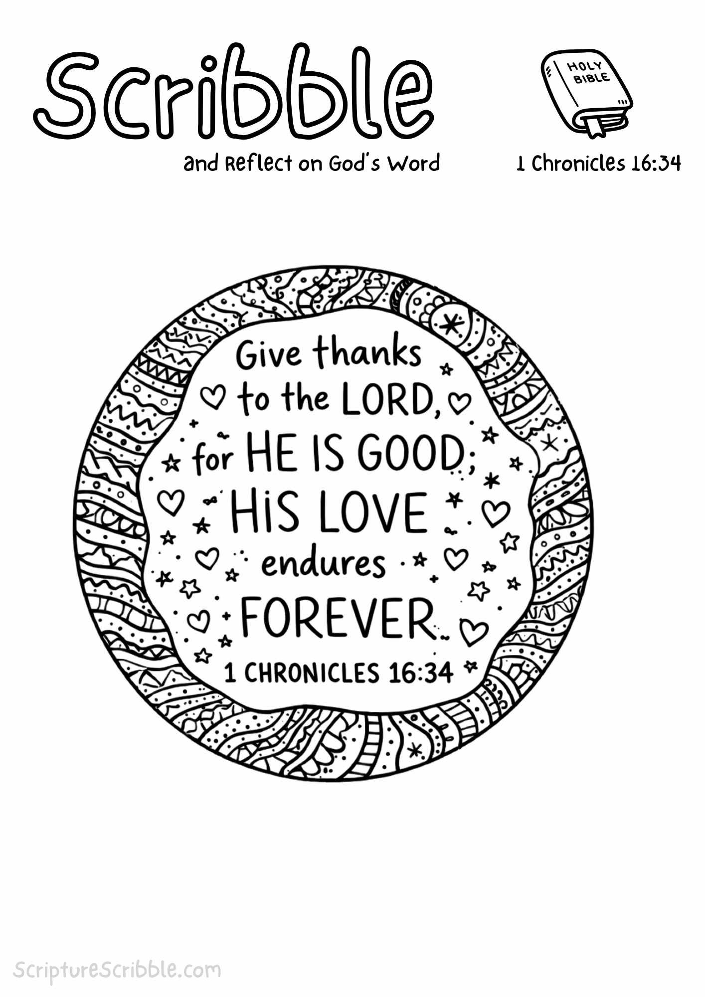 Printable reflection and drawing activity for 1 Chronicles 16:34 Coloring Page – His Love Endures Forever Printable