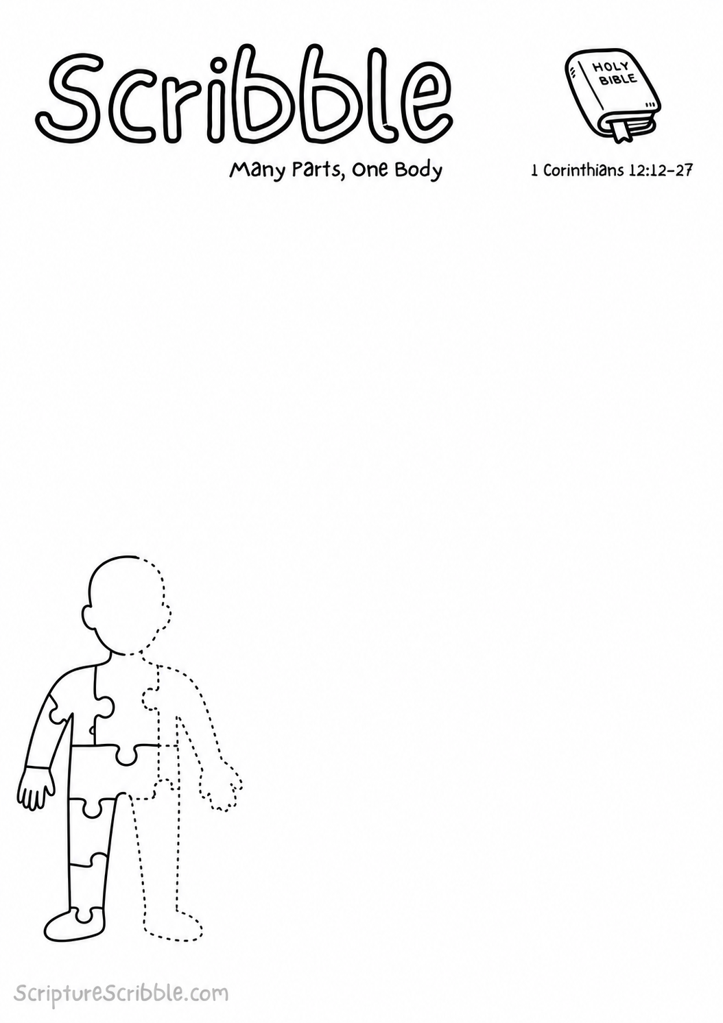 Black-and-white 1 Corinthians 12:12–27 devotional drawing printable titled Many Parts, One Body, with an incomplete partly assembled body and missing sections scene to finish