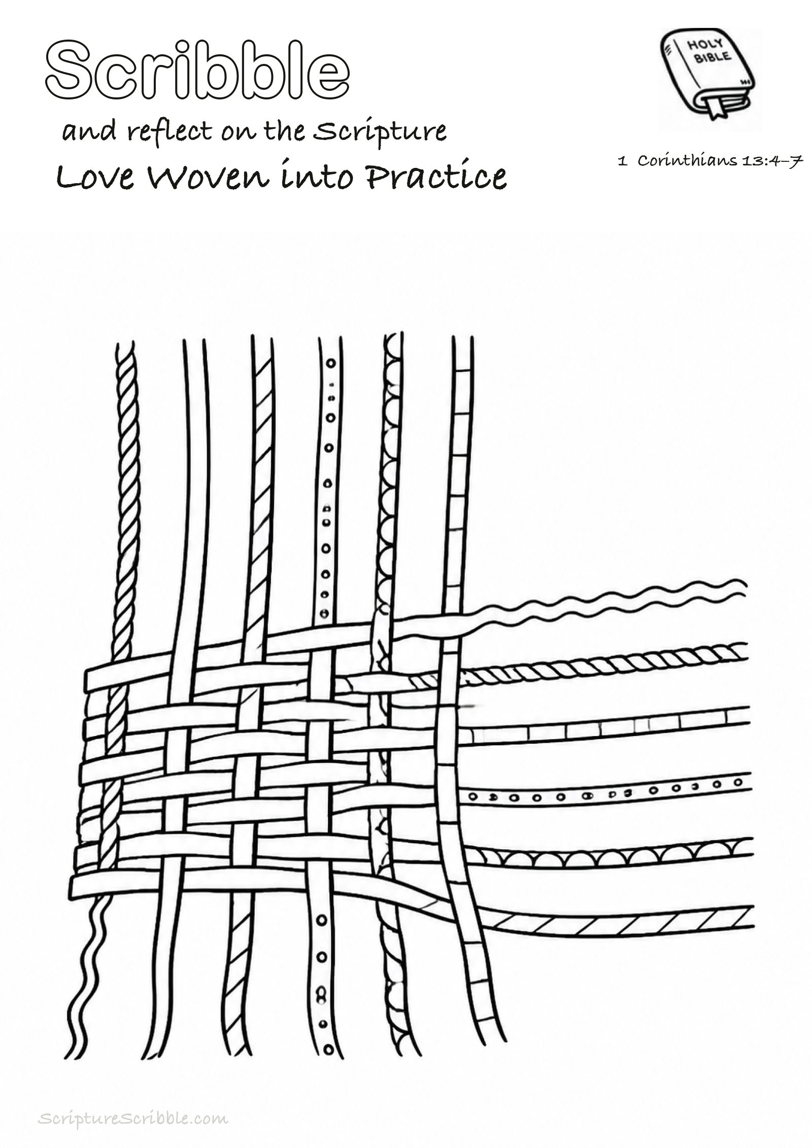 Black-and-white 1 Corinthians 13:4–7 devotional drawing page titled Love Woven into Practice, with a branded header, Bible reference and unfinished Bible scene.