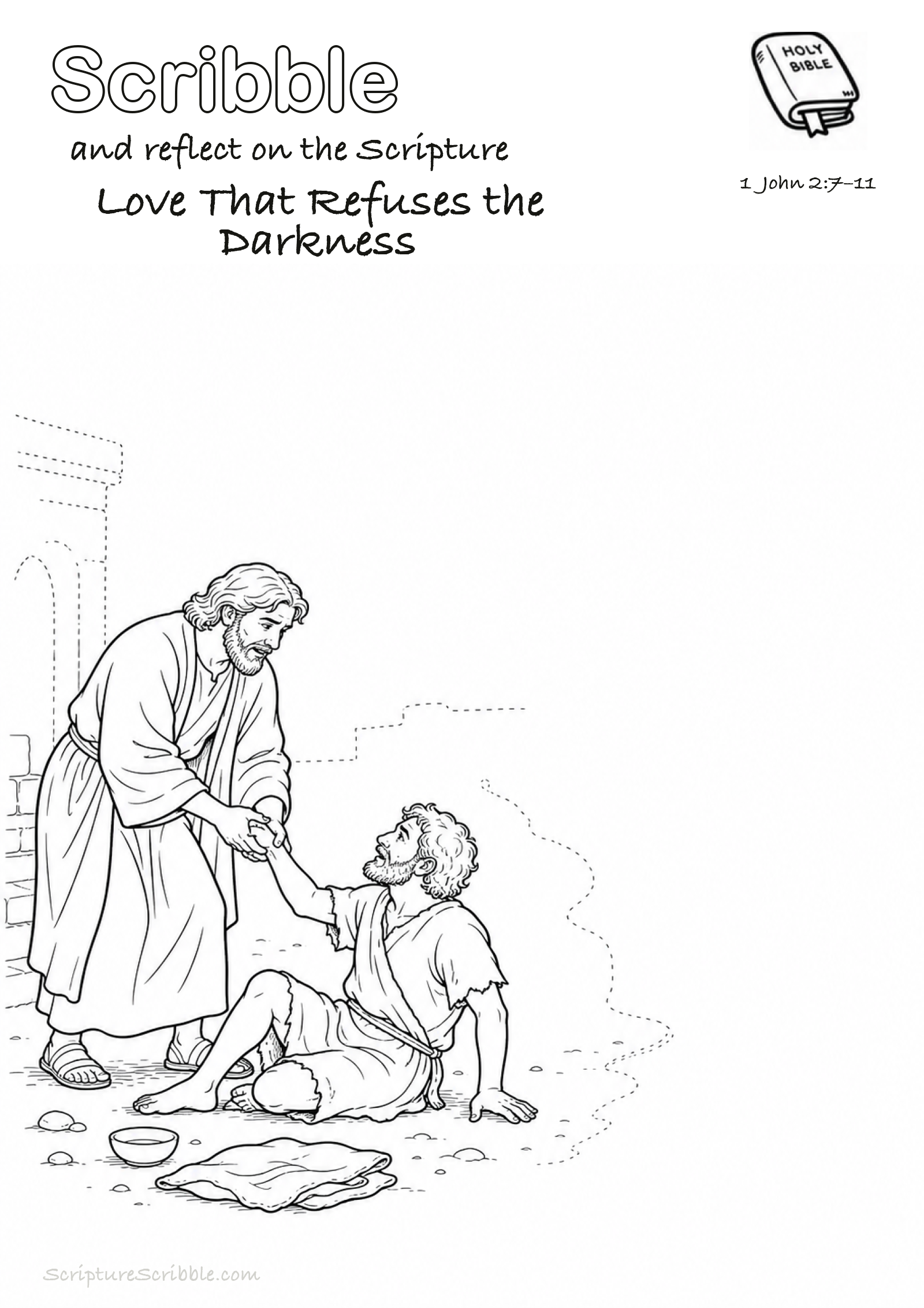 Preview of 1 John 2:7–11 Love That Refuses the Darkness Devotional Drawing Page Printable