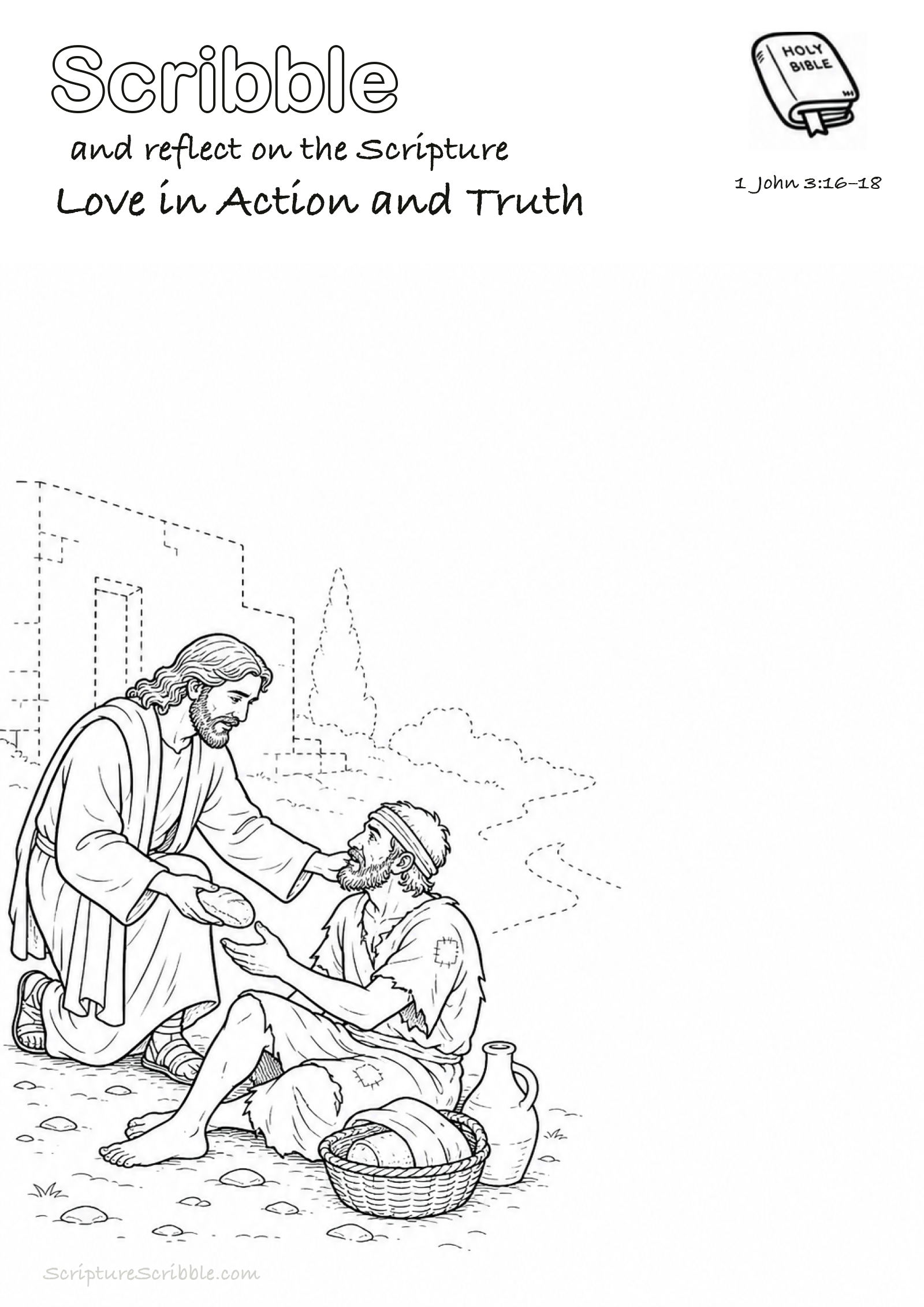 Preview of 1 John 3:16–18 Love in Action and Truth Devotional Drawing Page Printable