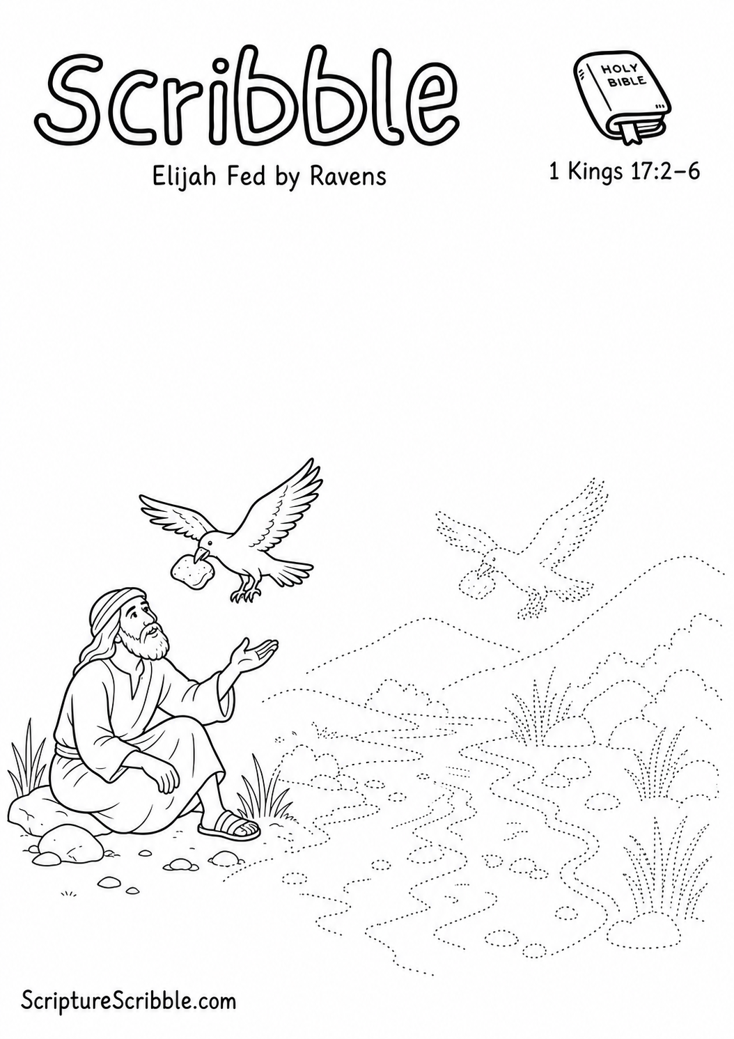 Black-and-white 1 Kings 17:2–6 Scribble printable showing Elijah receiving bread from a raven beside an unfinished wilderness brook.