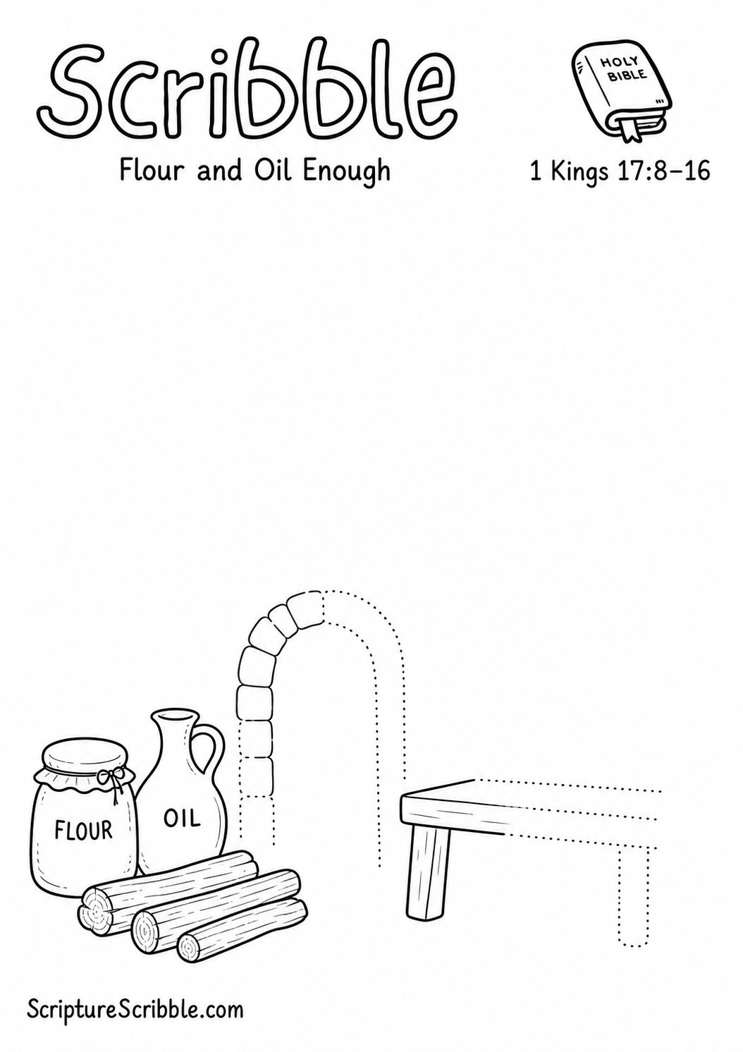 Black-and-white 1 Kings 17:8–16 devotional drawing printable titled Flour and Oil Enough, with an incomplete flour jar, oil jug and unfinished table scene to finish