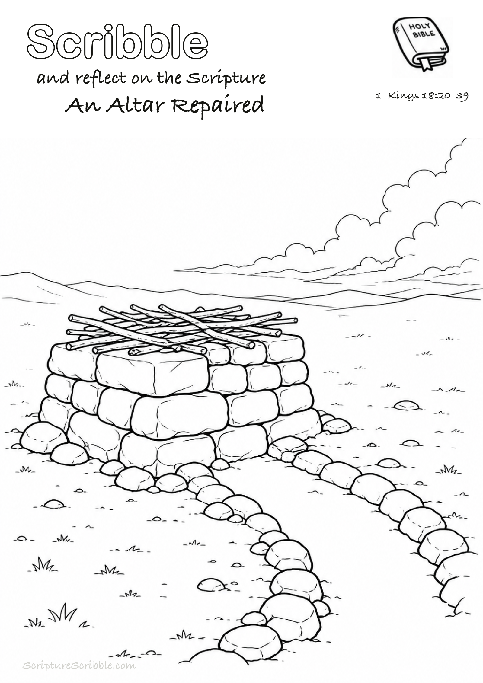 Black-and-white 1 Kings 18:20–39 devotional drawing page titled An Altar Repaired, with a branded header, Bible reference and unfinished Bible scene.