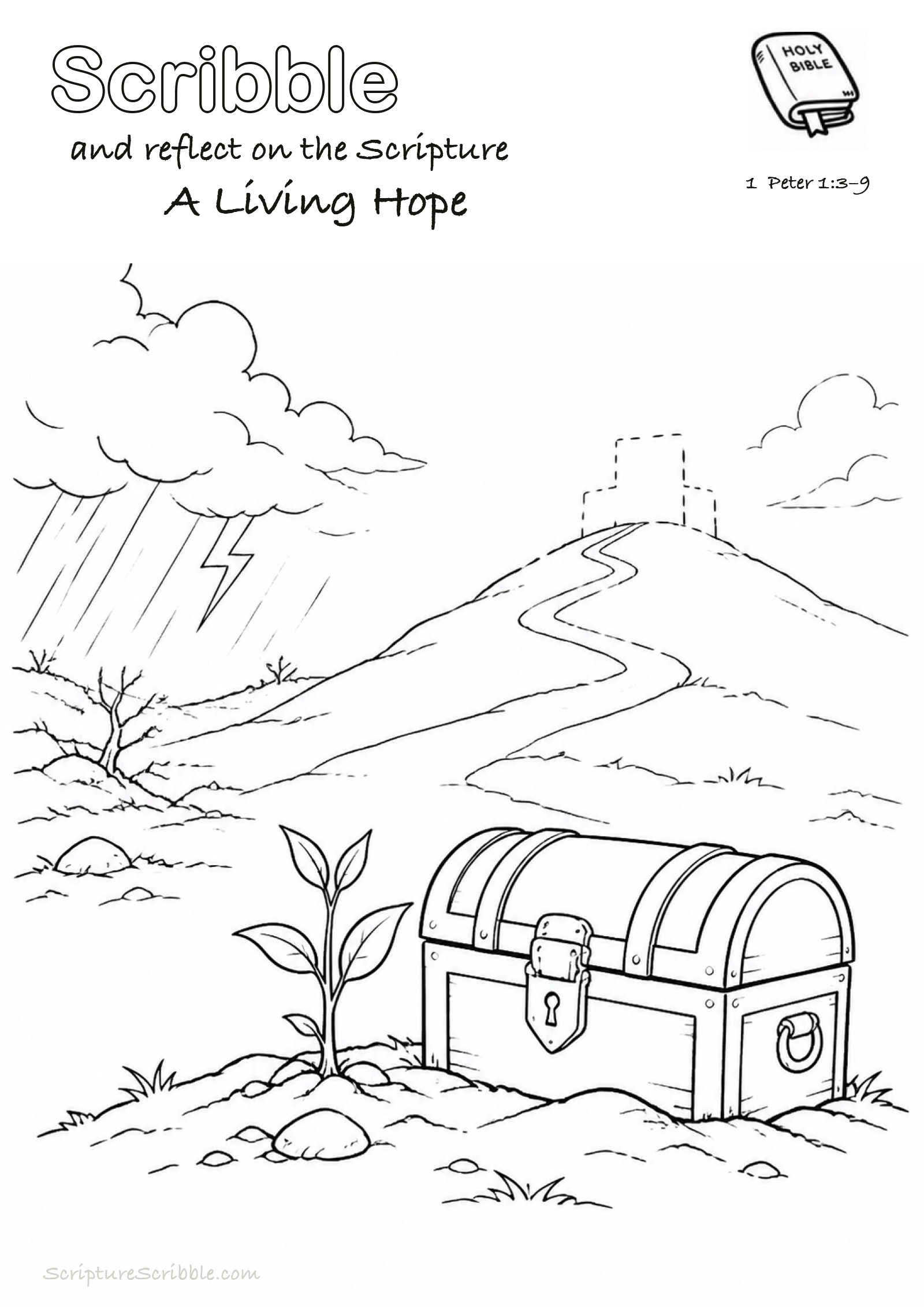 Black-and-white 1 Peter 1:3–9 devotional drawing page titled A Living Hope, with a branded header, Bible reference and unfinished Bible scene.
