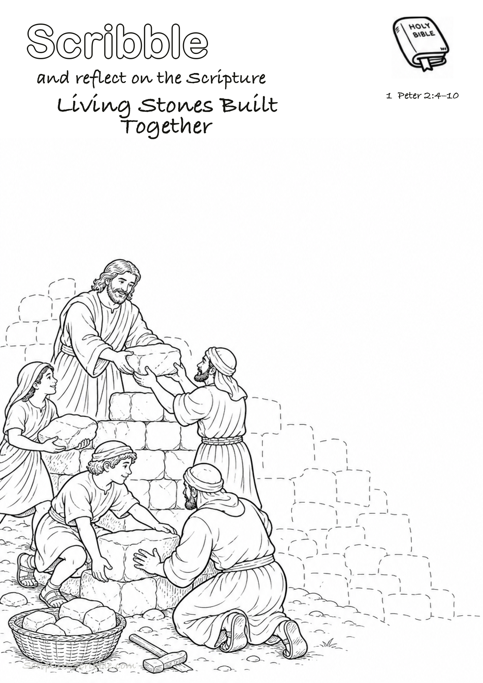 Preview of 1 Peter 2:4–10 Living Stones Built Together Devotional Drawing Page Printable