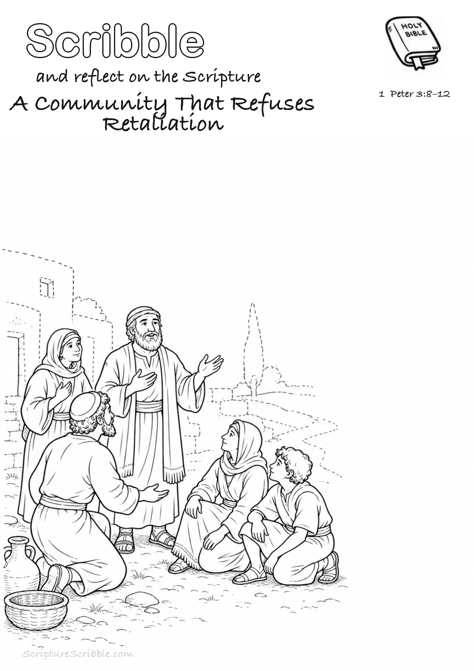 Preview of 1 Peter 3:8–12 A Community That Refuses Retaliation Devotional Drawing Page Printable