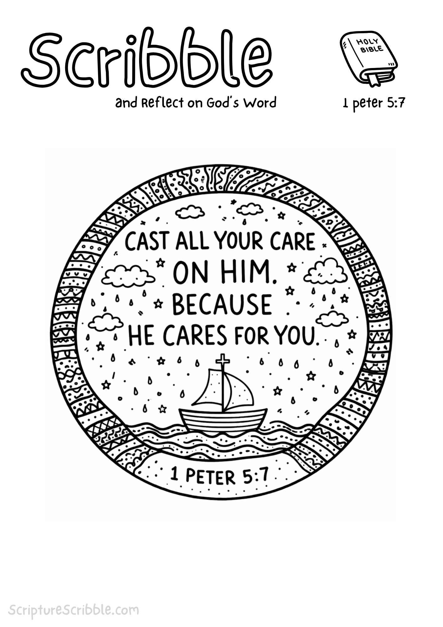 Printable reflection and drawing activity for 1 Peter 5:7 Coloring Page – Cast All Your Cares on Him Printable
