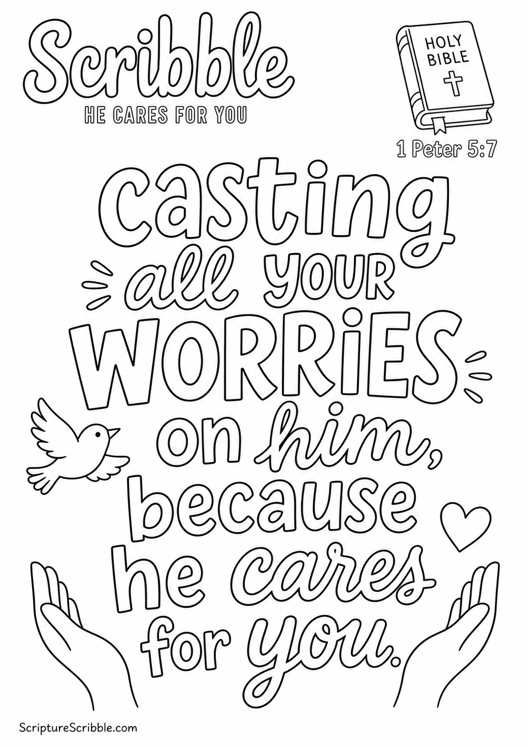 Preview of 1 Peter 5:7 He Cares for You Scripture Typography Colouring Page Printable