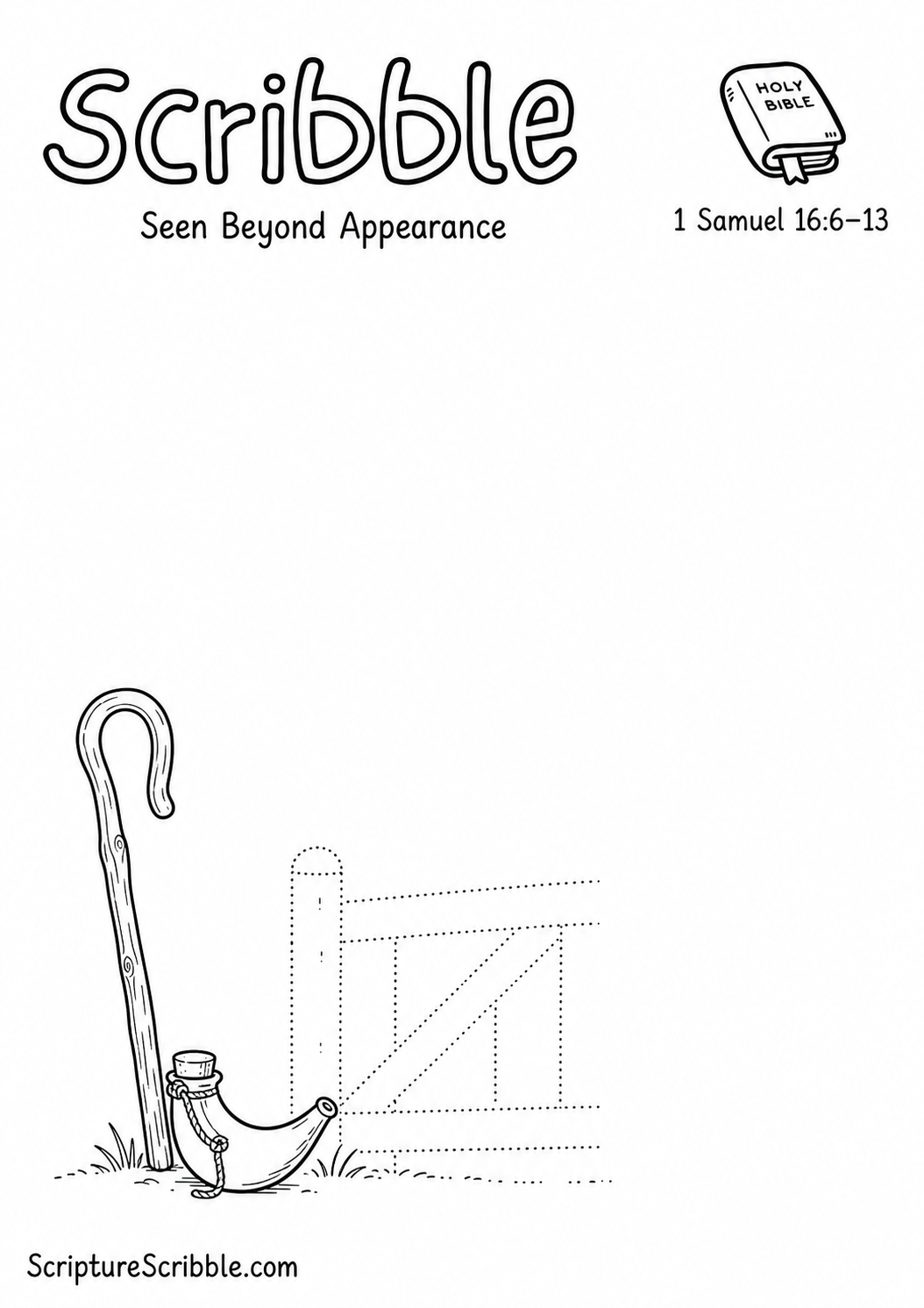Black-and-white 1 Samuel 16:6–13 devotional drawing printable titled Seen Beyond Appearance, with an incomplete shepherd staff, oil horn and unfinished gate scene to finish
