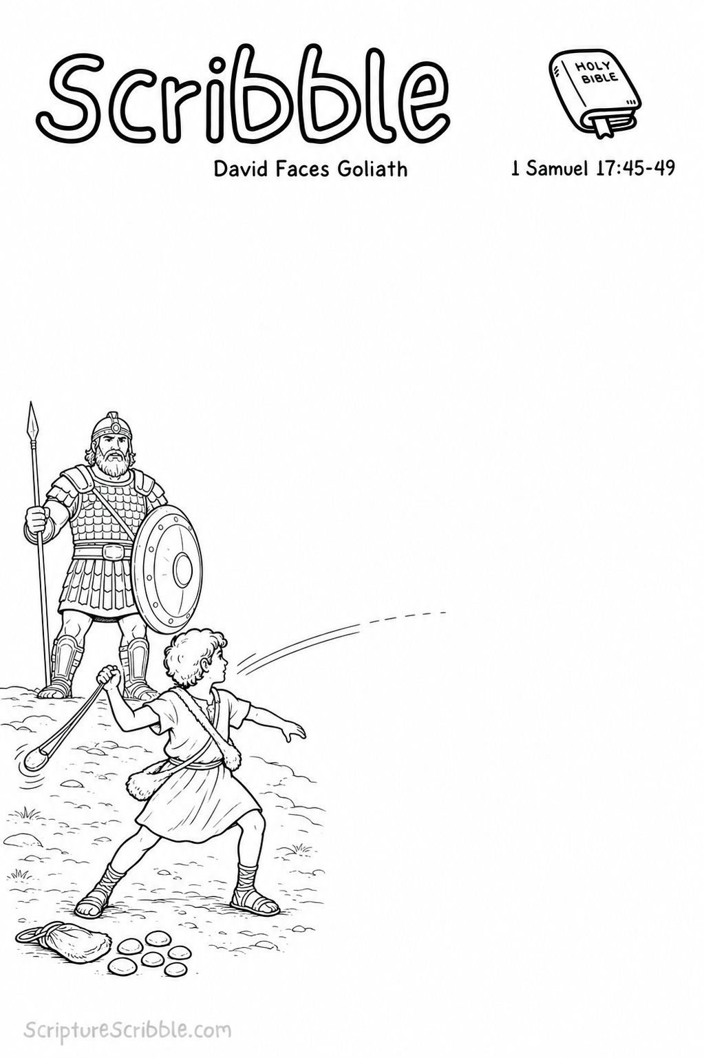 Black-and-white 1 Samuel 17:45–49 Scribble printable showing young David swinging a sling before the much larger armoured Goliath.