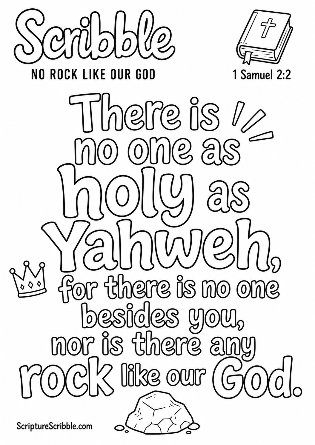 Black-and-white 1 Samuel 2:2 Scripture typography colouring page with the verse in large, clear outlined lettering.