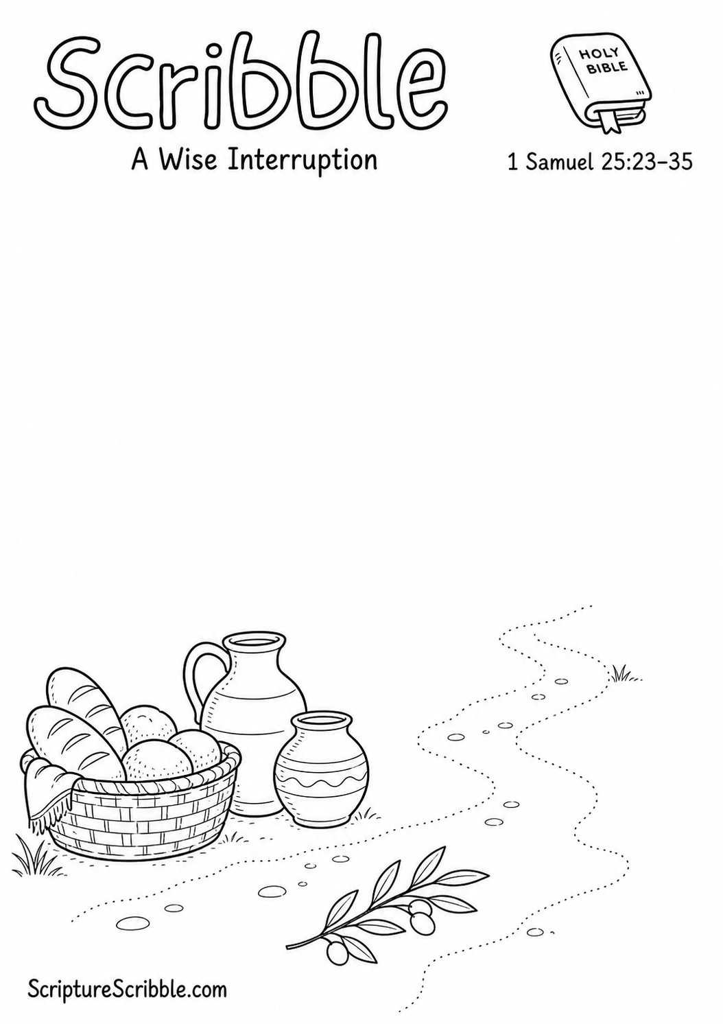 Black-and-white 1 Samuel 25:23–35 devotional drawing printable titled A Wise Interruption, with an incomplete provision basket, jars and unfinished road scene to finish