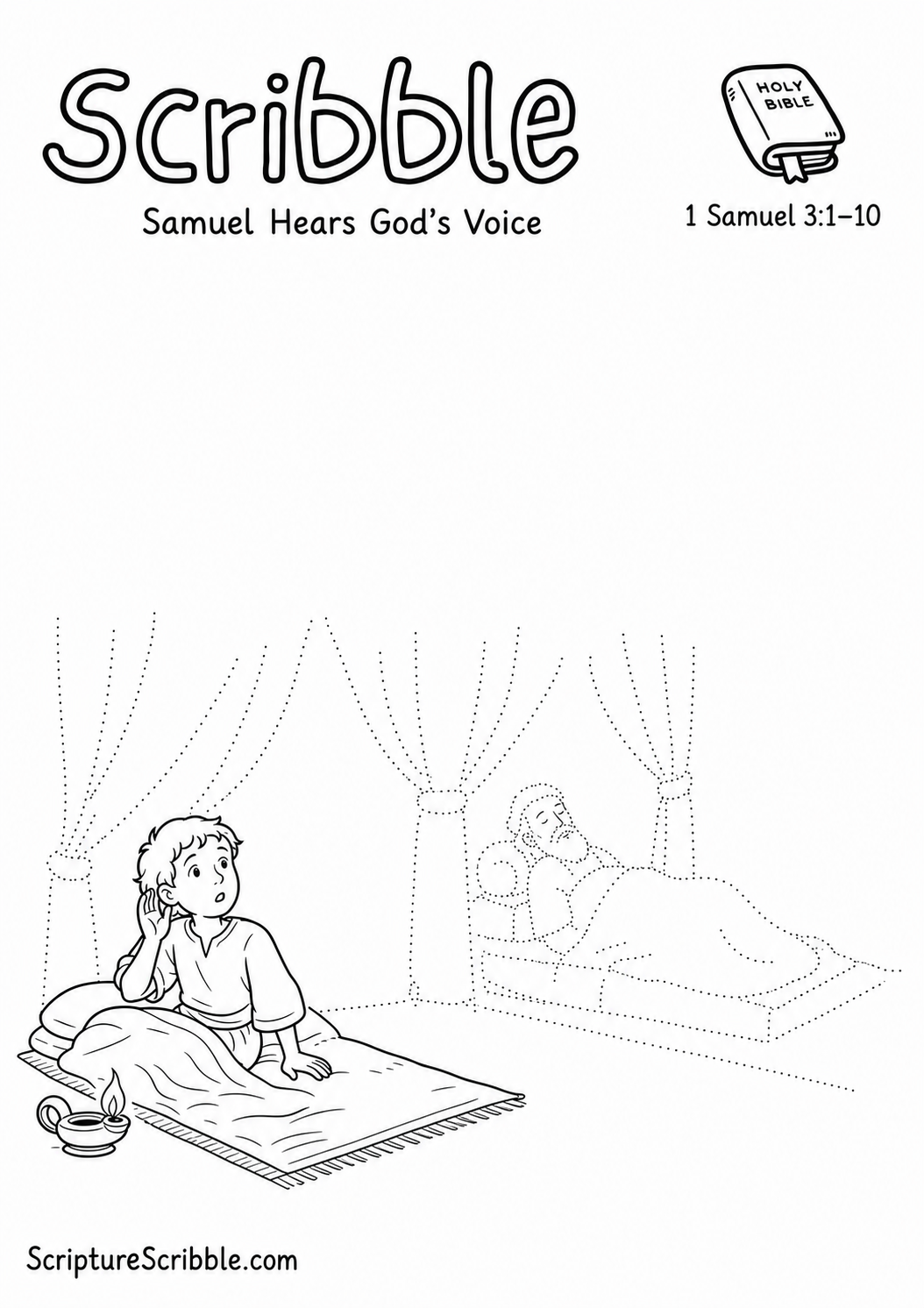 Black-and-white 1 Samuel 3:1–10 Scribble printable showing young Samuel awake beside his sleeping mat and lamp while Eli appears in unfinished lines.