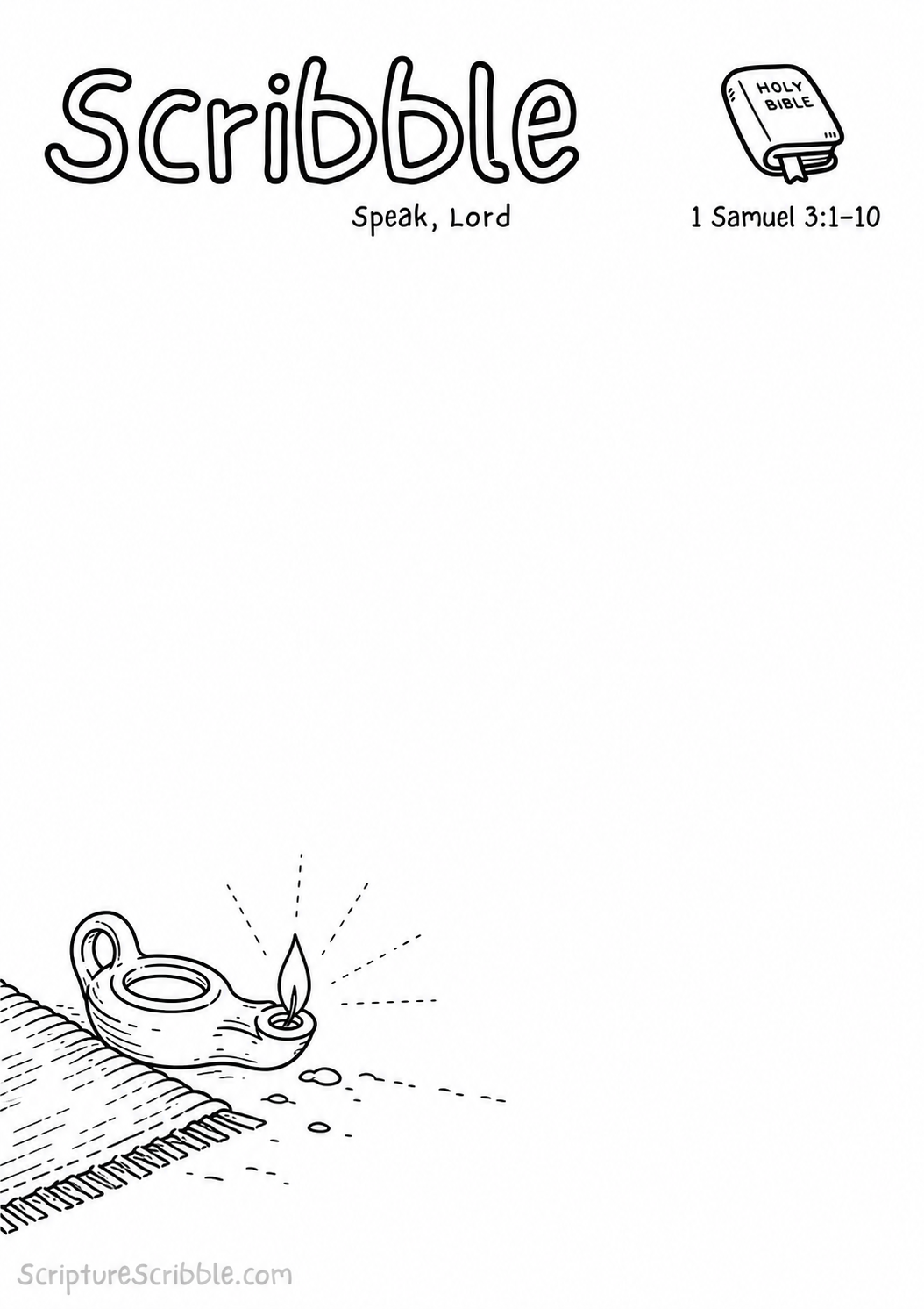 Black-and-white 1 Samuel 3:1–10 devotional drawing printable titled Speak, Lord, with an incomplete lamp, sleeping mat and unfinished listening lines scene to finish
