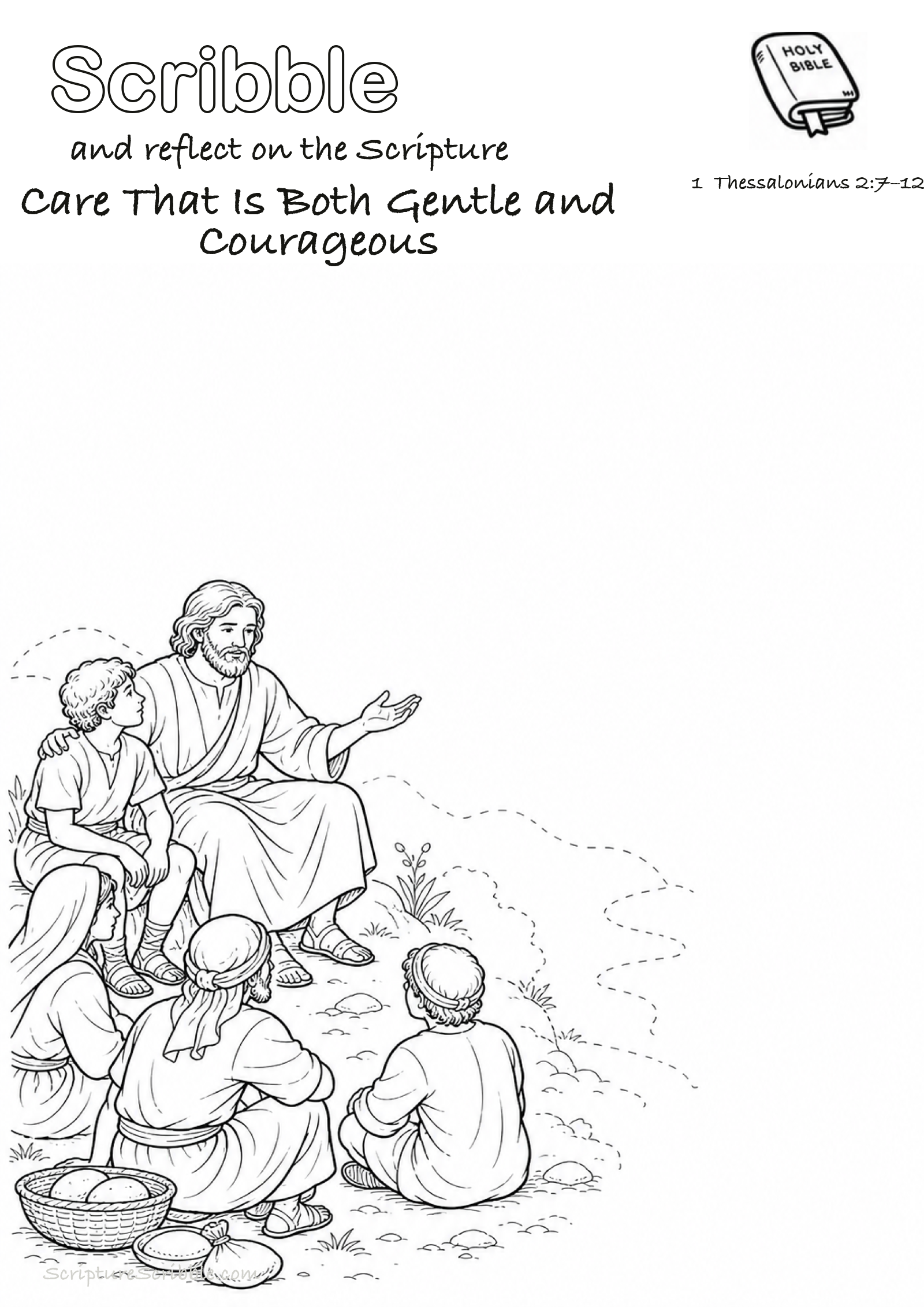 Preview of 1 Thessalonians 2:7–12 Care That Is Both Gentle and Courageous Devotional Drawing Page Printable