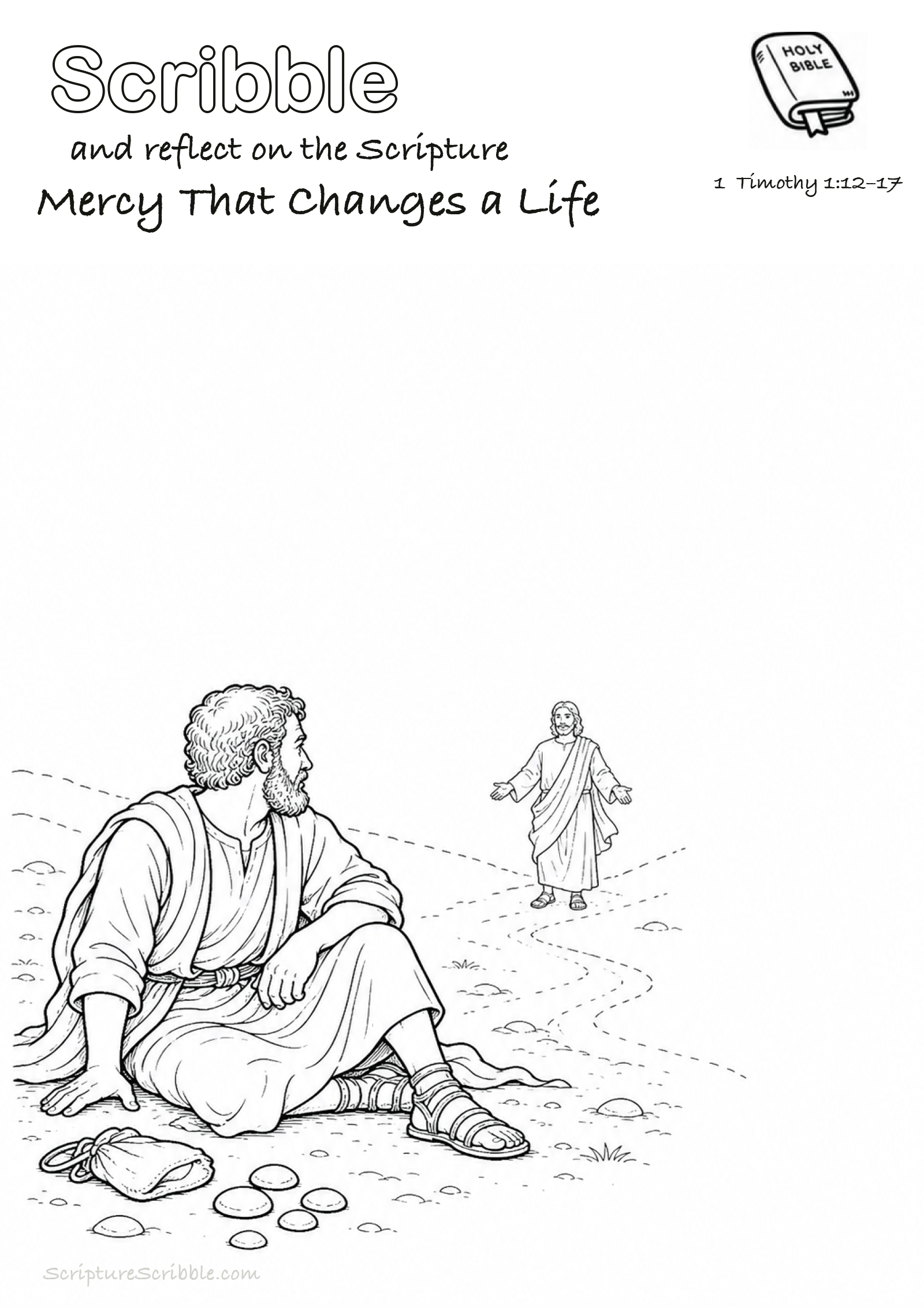 Preview of 1 Timothy 1:12–17 Mercy That Changes a Life Devotional Drawing Page Printable