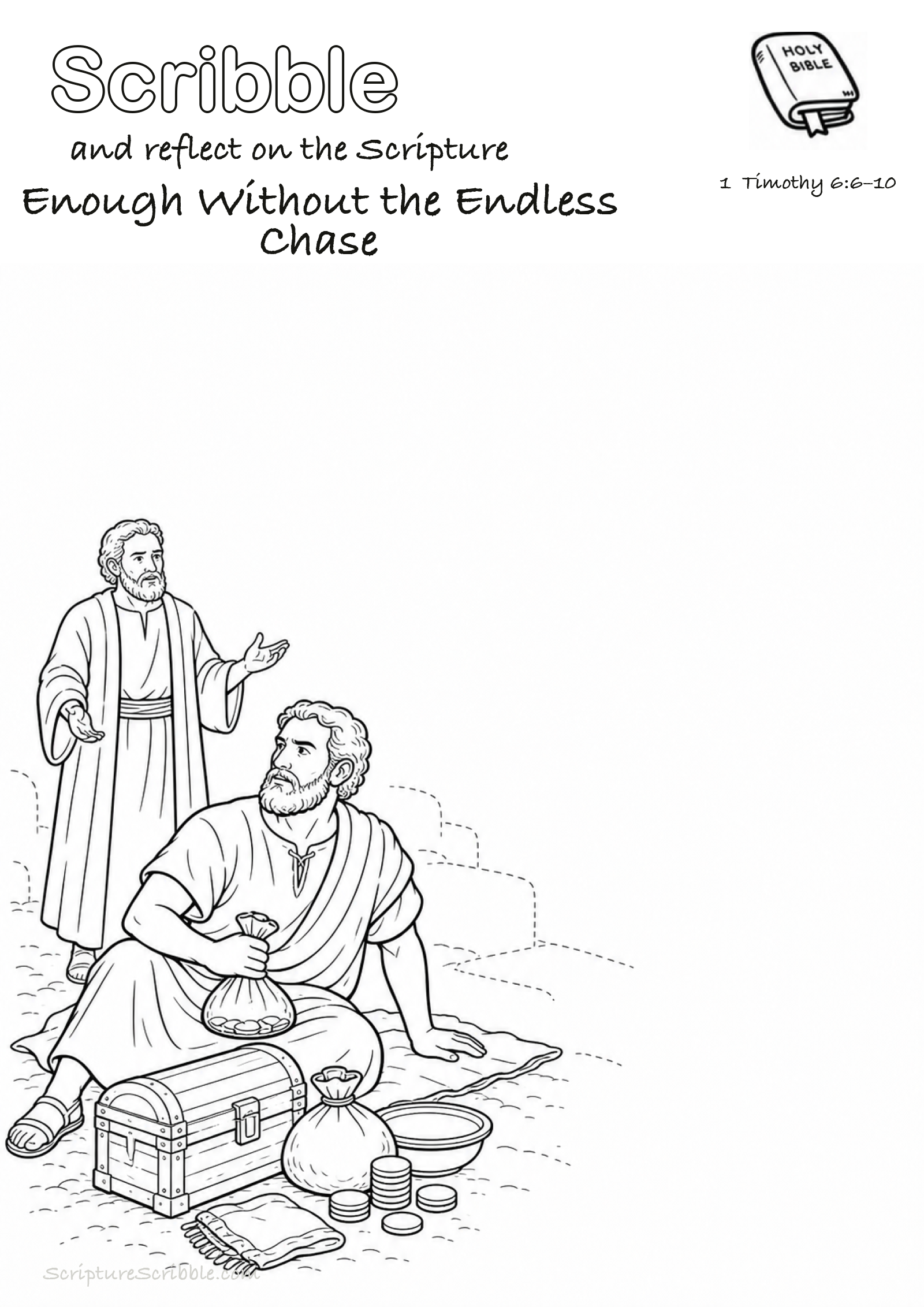 Preview of 1 Timothy 6:6–10 Enough Without the Endless Chase Devotional Drawing Page Printable