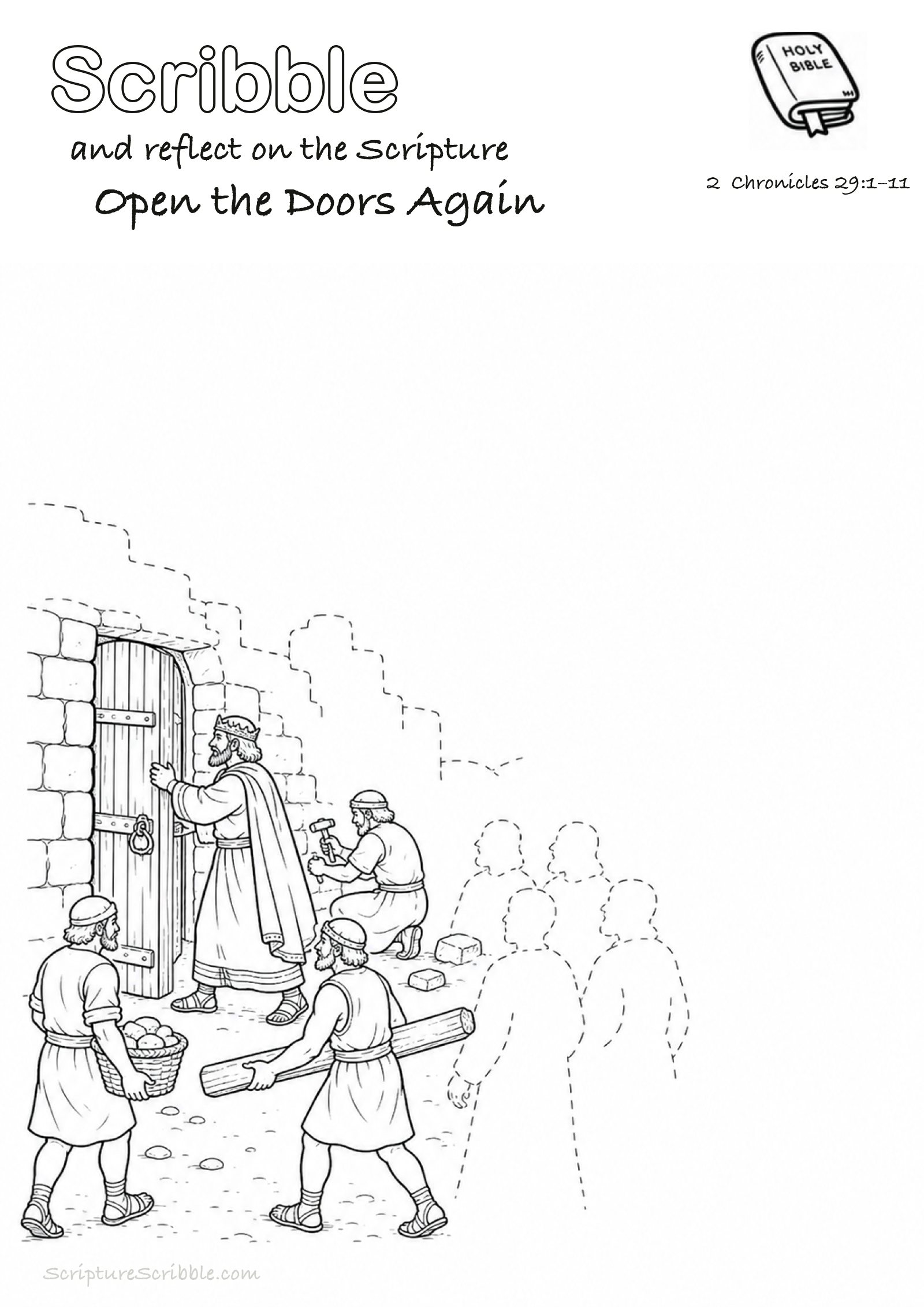 Preview of 2 Chronicles 29:1–11 Open the Doors Again Devotional Drawing Page Printable