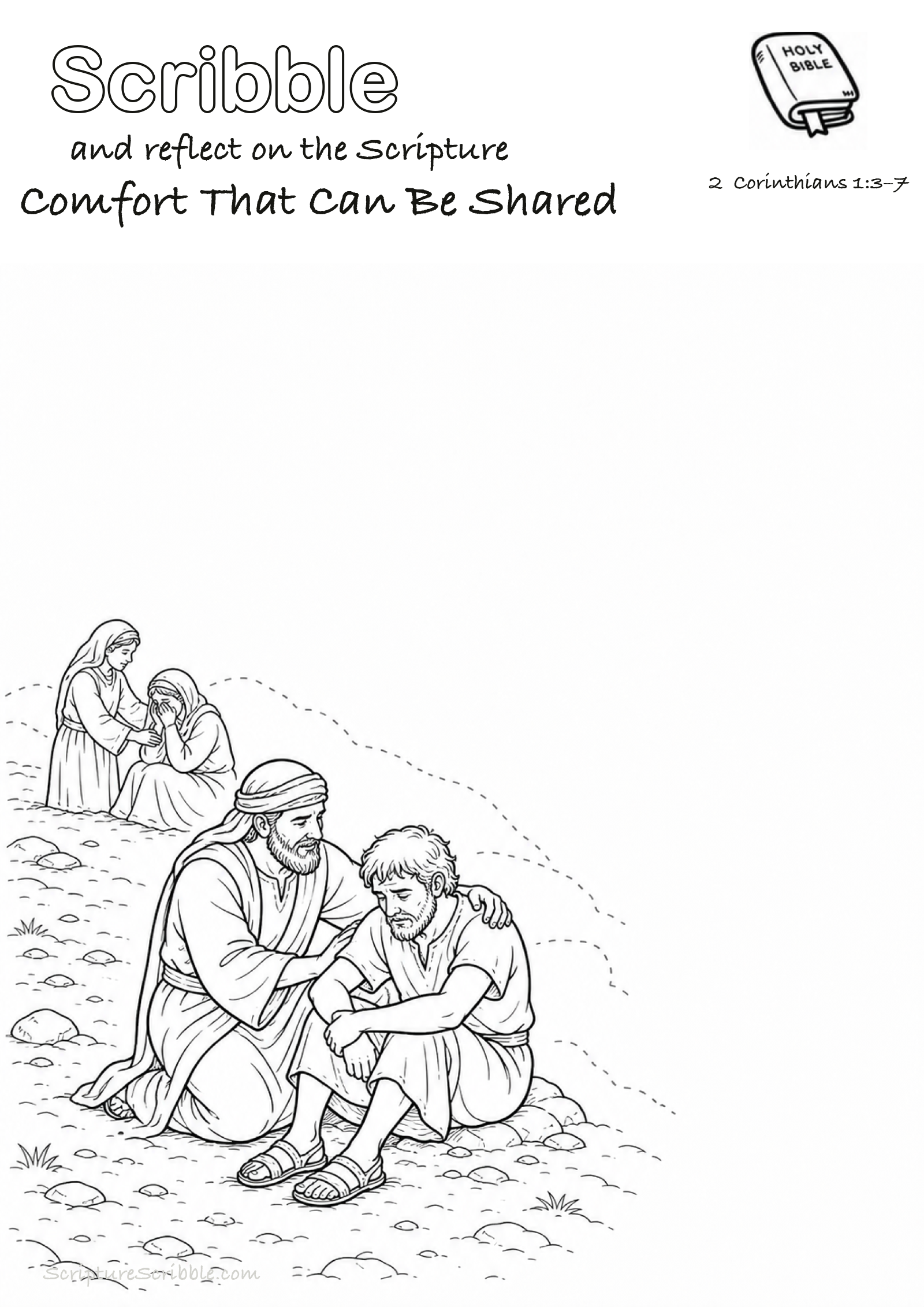 Preview of 2 Corinthians 1:3–7 Comfort That Can Be Shared Devotional Drawing Page Printable