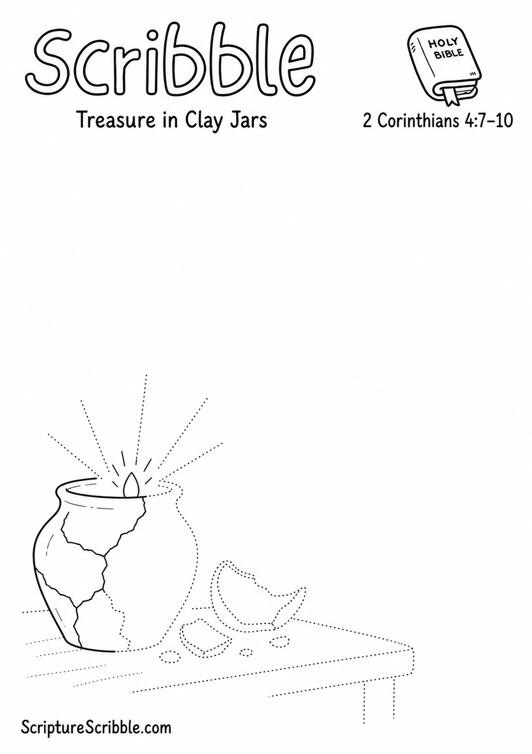 Black-and-white 2 Corinthians 4:7–10 devotional drawing printable titled Treasure in Clay Jars, with an incomplete cracked clay jar, light and unfinished pottery scene to finish