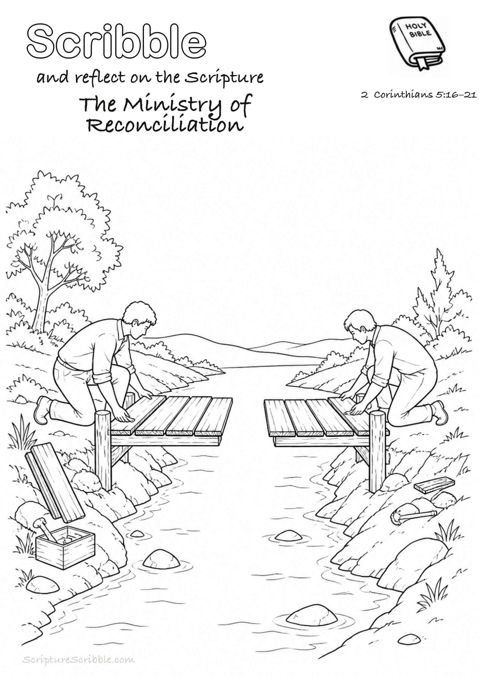 Black-and-white 2 Corinthians 5:16–21 devotional drawing page titled The Ministry of Reconciliation, with a branded header, Bible reference and unfinished Bible scene.