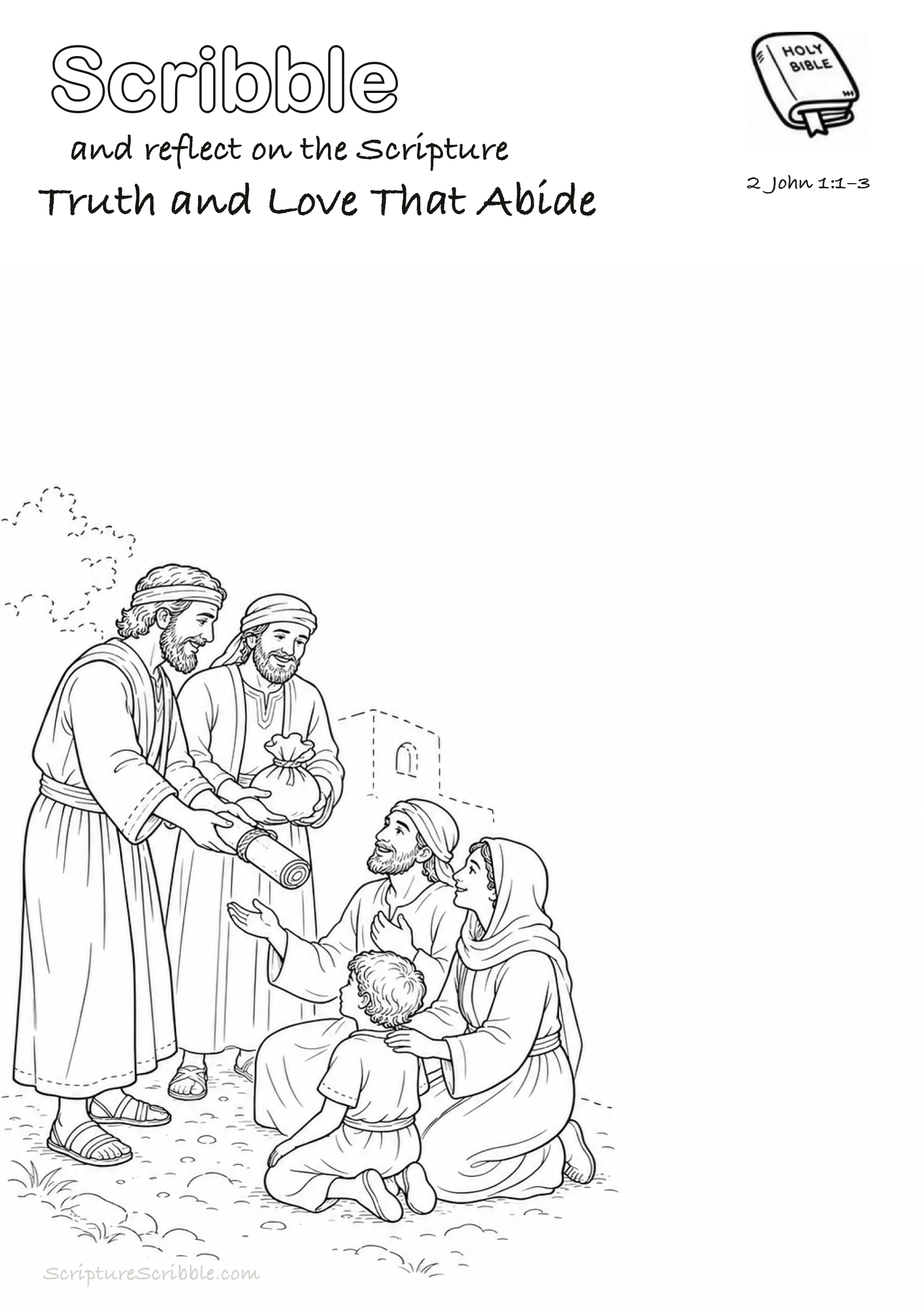 Preview of 2 John 1:1–3 Truth and Love That Abide Devotional Drawing Page Printable