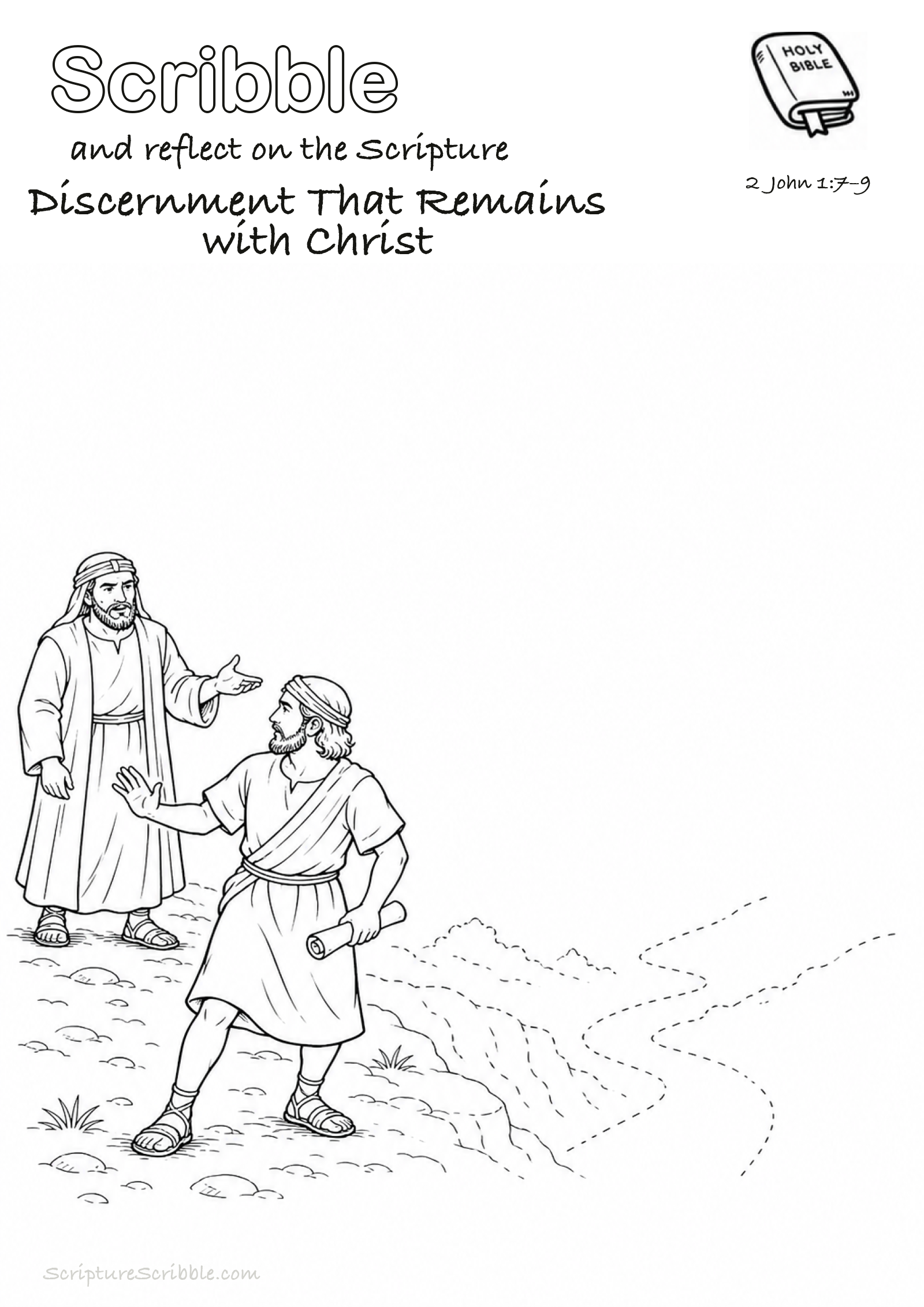 Preview of 2 John 1:7–9 Discernment That Remains with Christ Devotional Drawing Page Printable