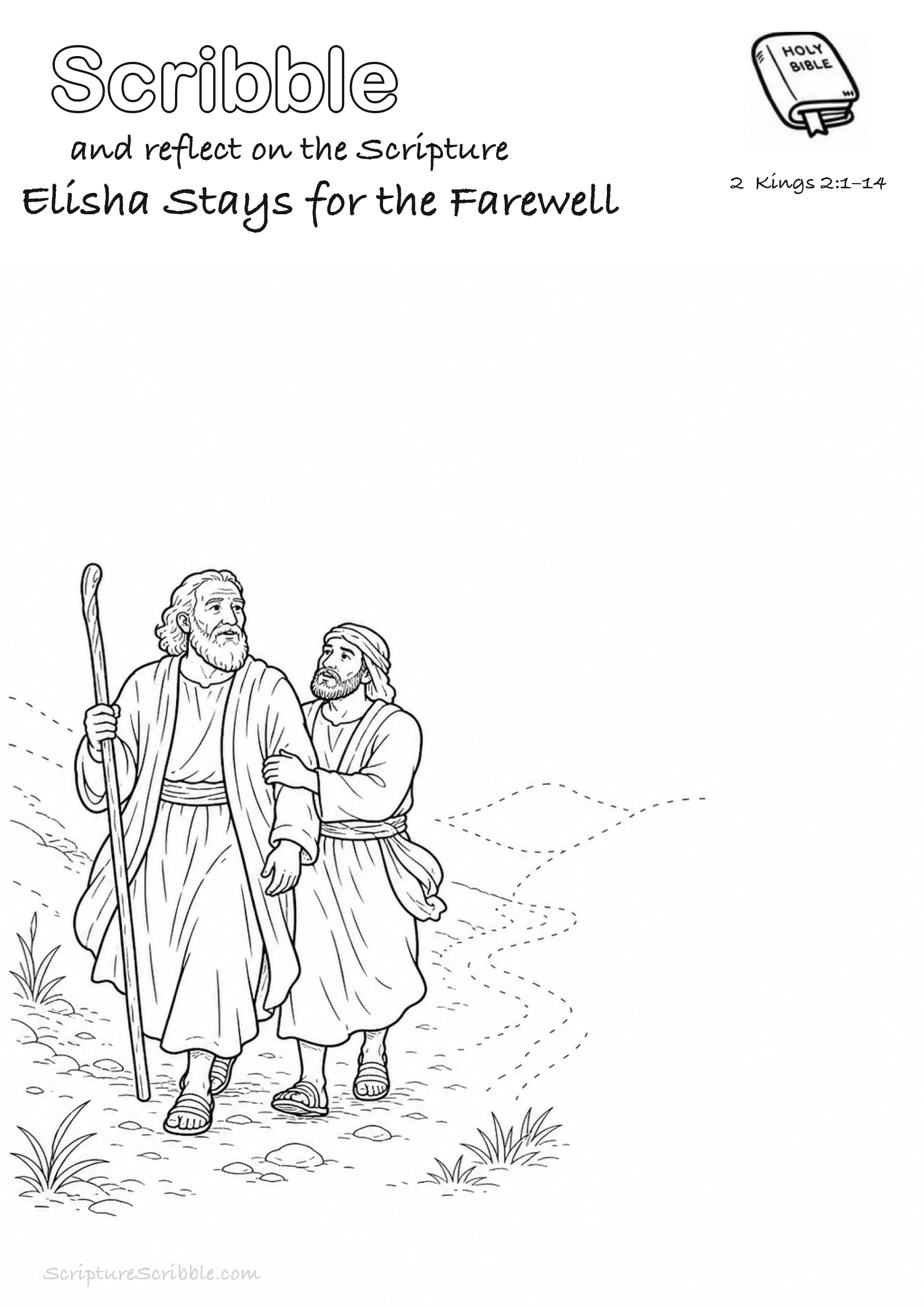 Preview of 2 Kings 2:1–14 Elisha Stays for the Farewell Devotional Drawing Page Printable