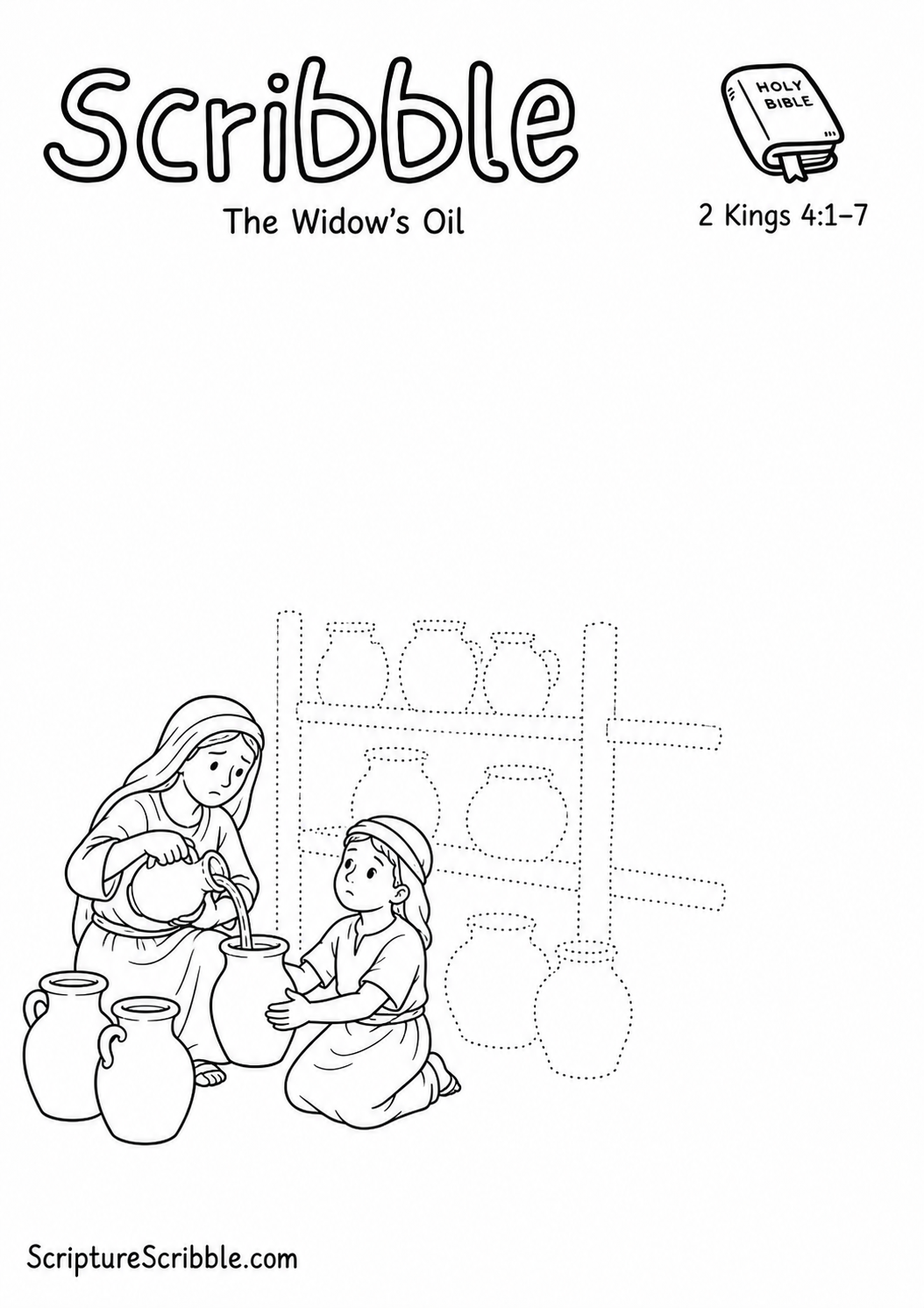 Black-and-white 2 Kings 4:1–7 Scribble printable showing a widow pouring oil into a jar held by her child beside unfinished shelves.