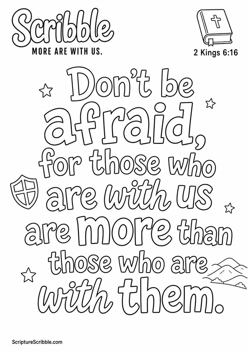 Black-and-white 2 Kings 6:16 Scripture typography colouring page with the verse in large, clear outlined lettering.