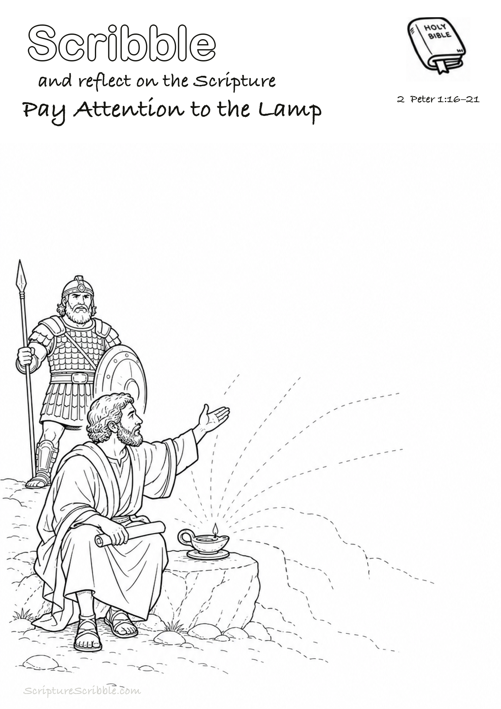 Preview of 2 Peter 1:16–21 Pay Attention to the Lamp Devotional Drawing Page Printable