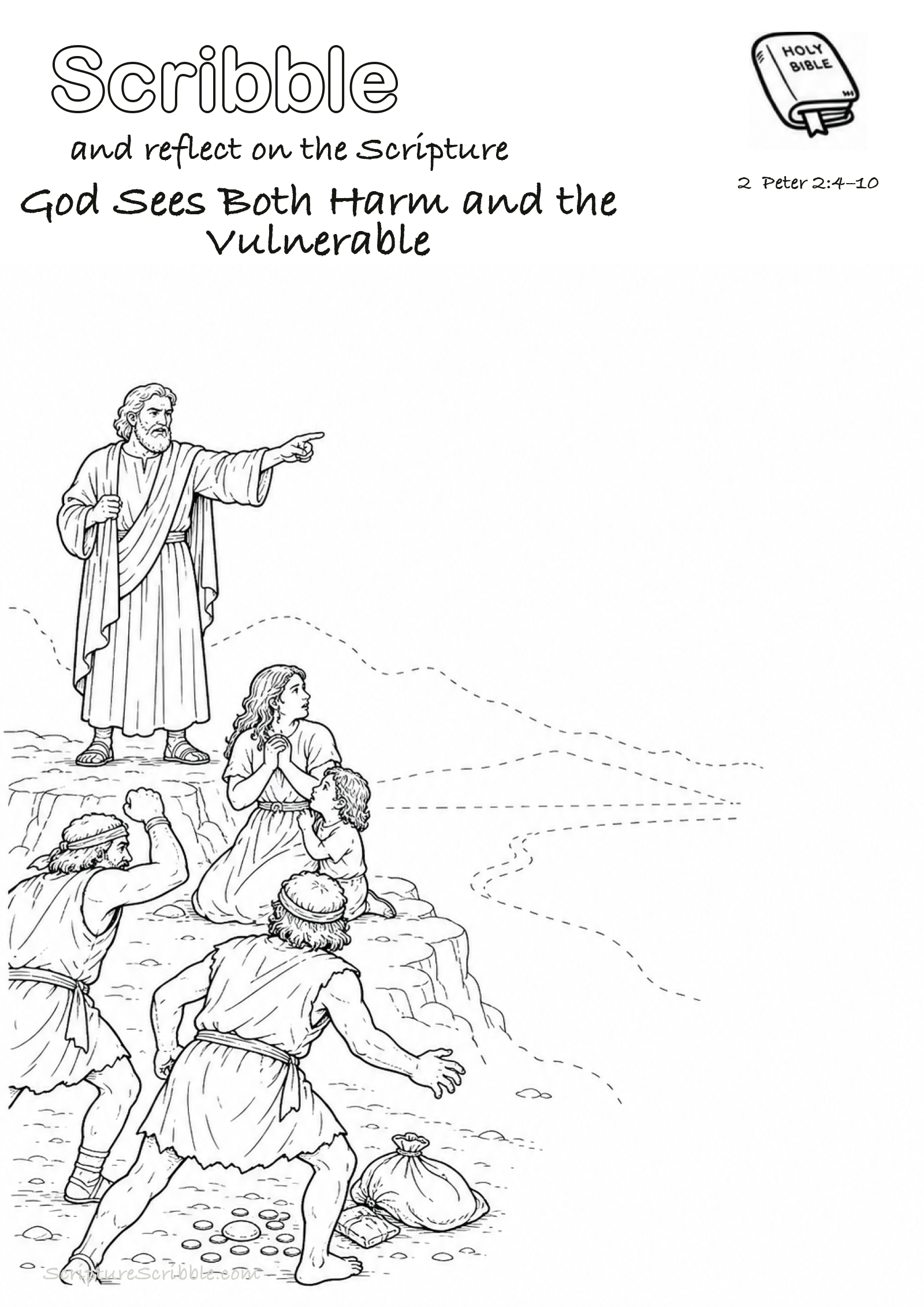 Preview of 2 Peter 2:4–10 God Sees Both Harm and the Vulnerable Devotional Drawing Page Printable