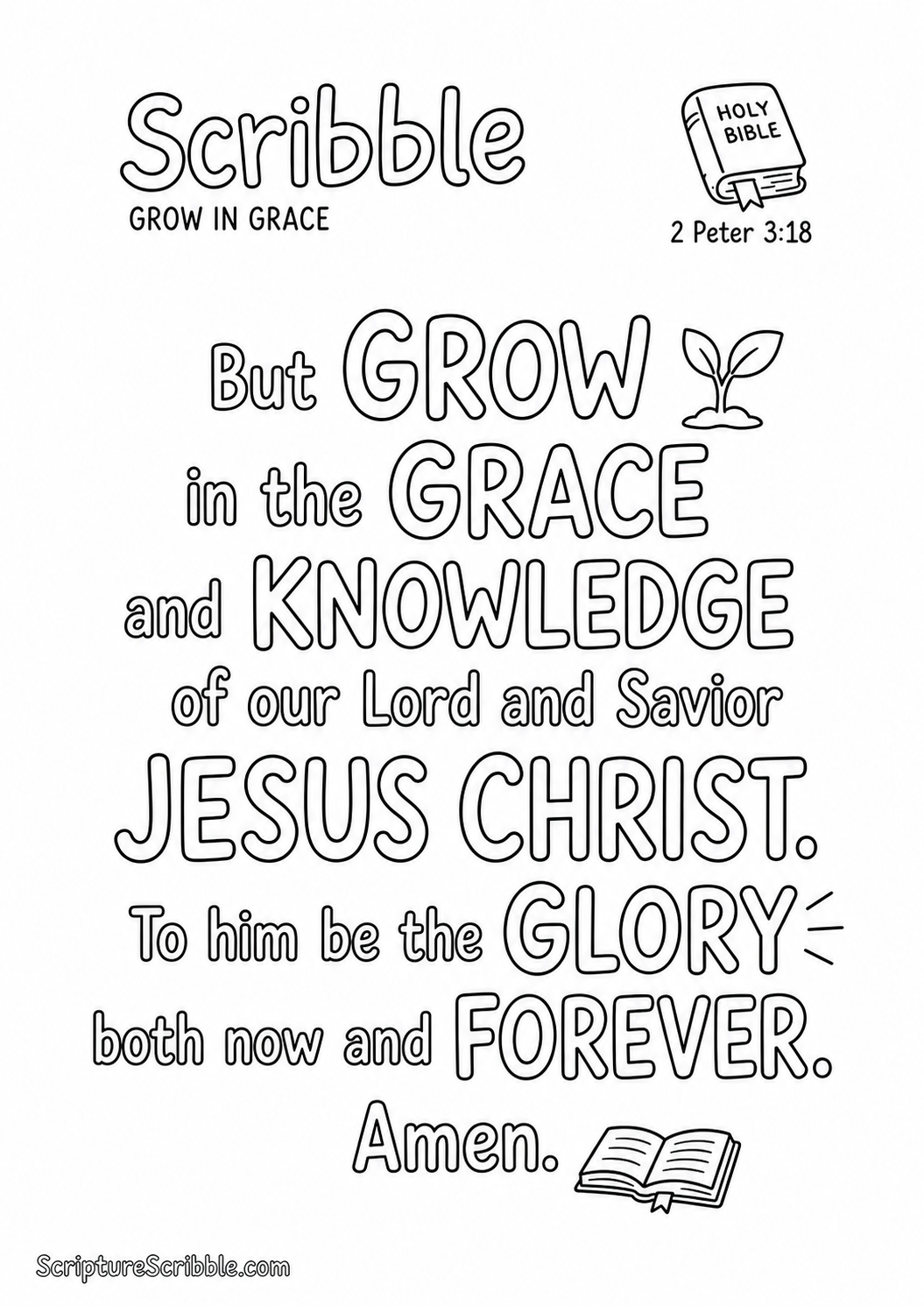 Black-and-white 2 Peter 3:18 Scripture typography colouring page featuring the full verse in large, clear outlined lettering.