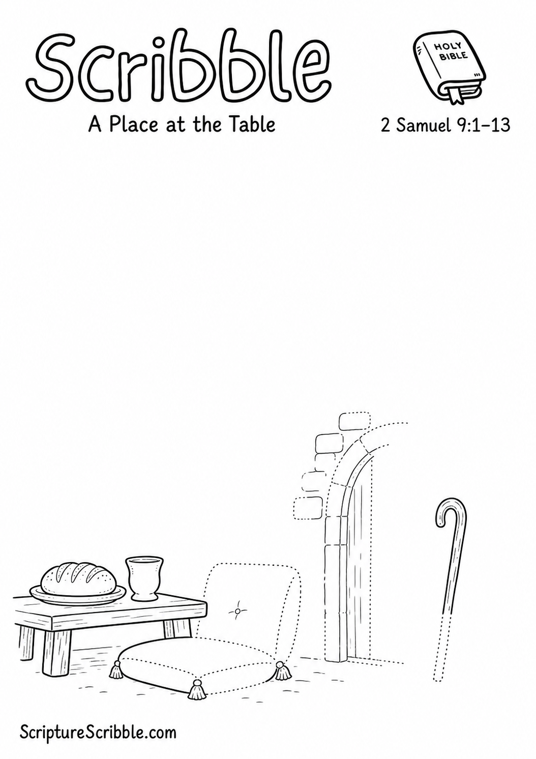 Black-and-white 2 Samuel 9:1–13 devotional drawing printable titled A Place at the Table, with an incomplete table, cushioned seat and unfinished doorway scene to finish