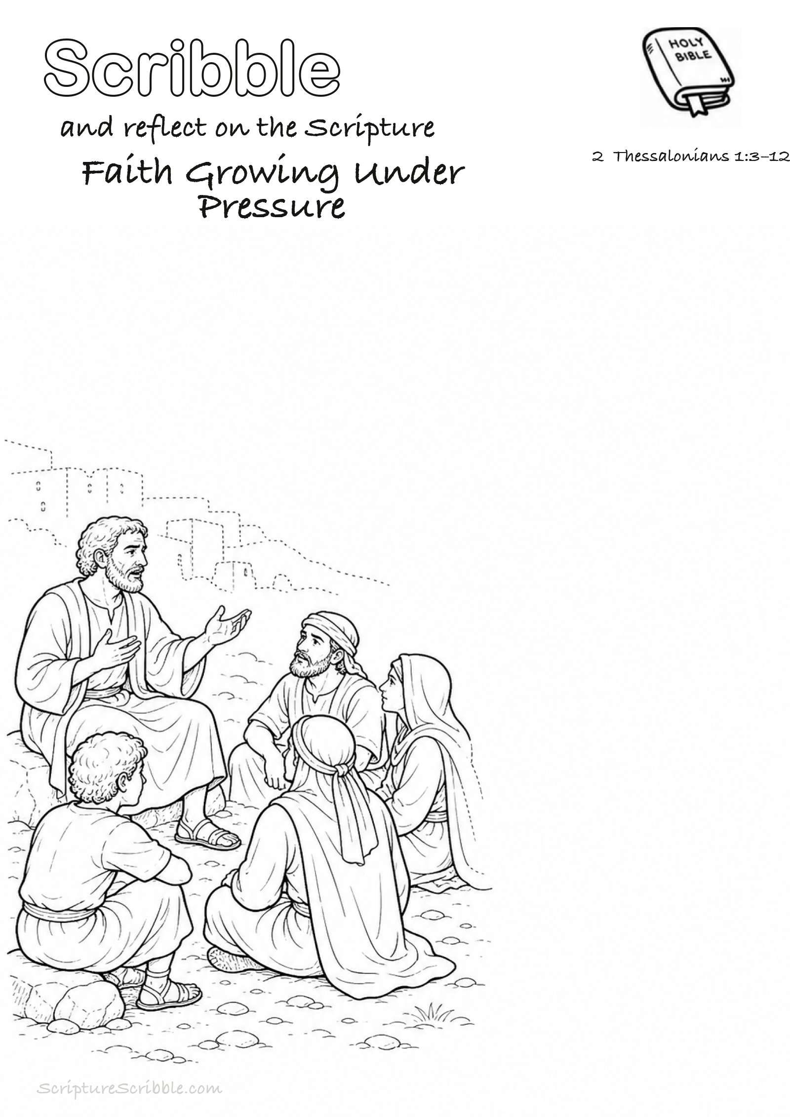 Preview of 2 Thessalonians 1:3–12 Faith Growing Under Pressure Devotional Drawing Page Printable