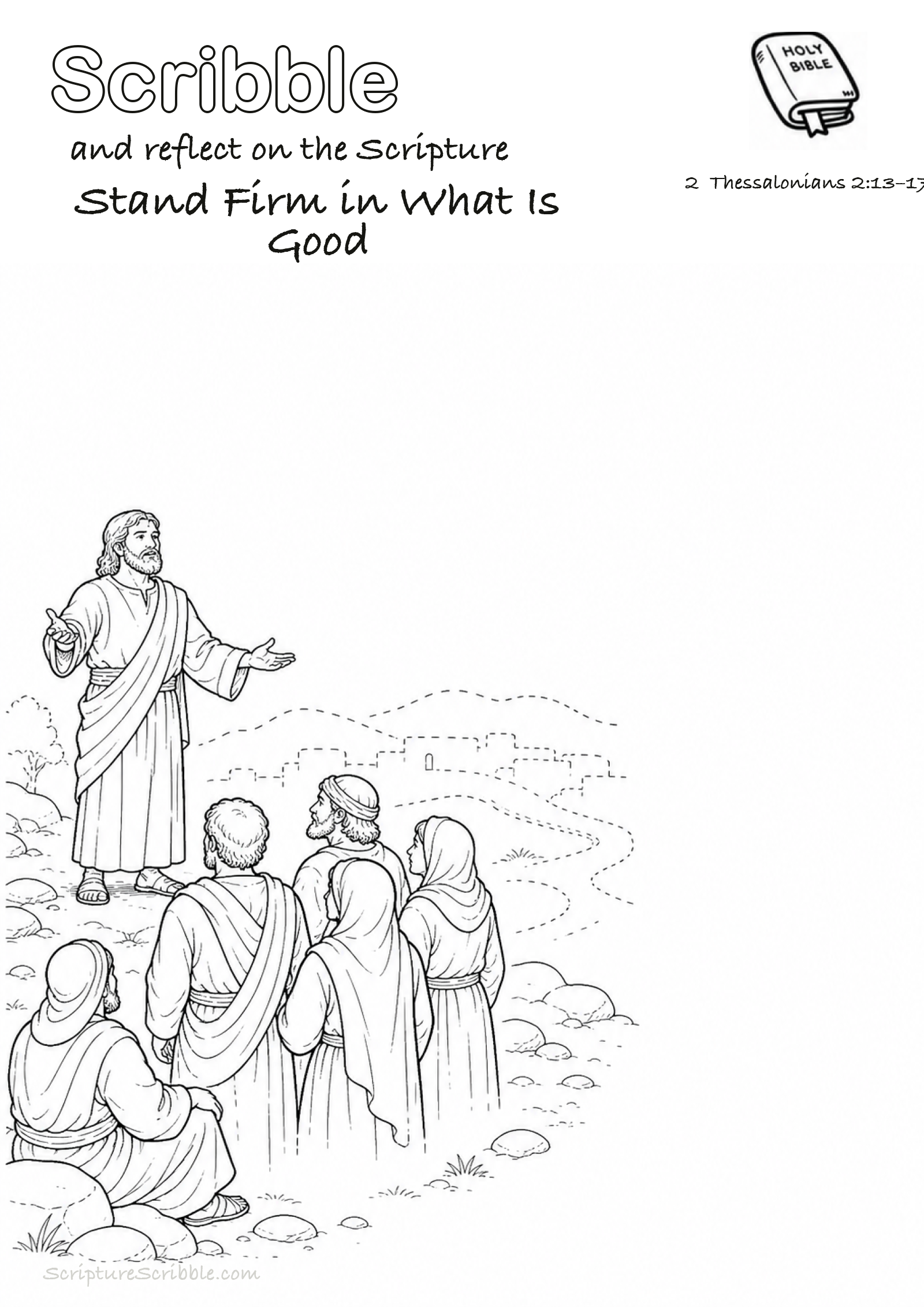 Preview of 2 Thessalonians 2:13–17 Stand Firm in What Is Good Devotional Drawing Page Printable