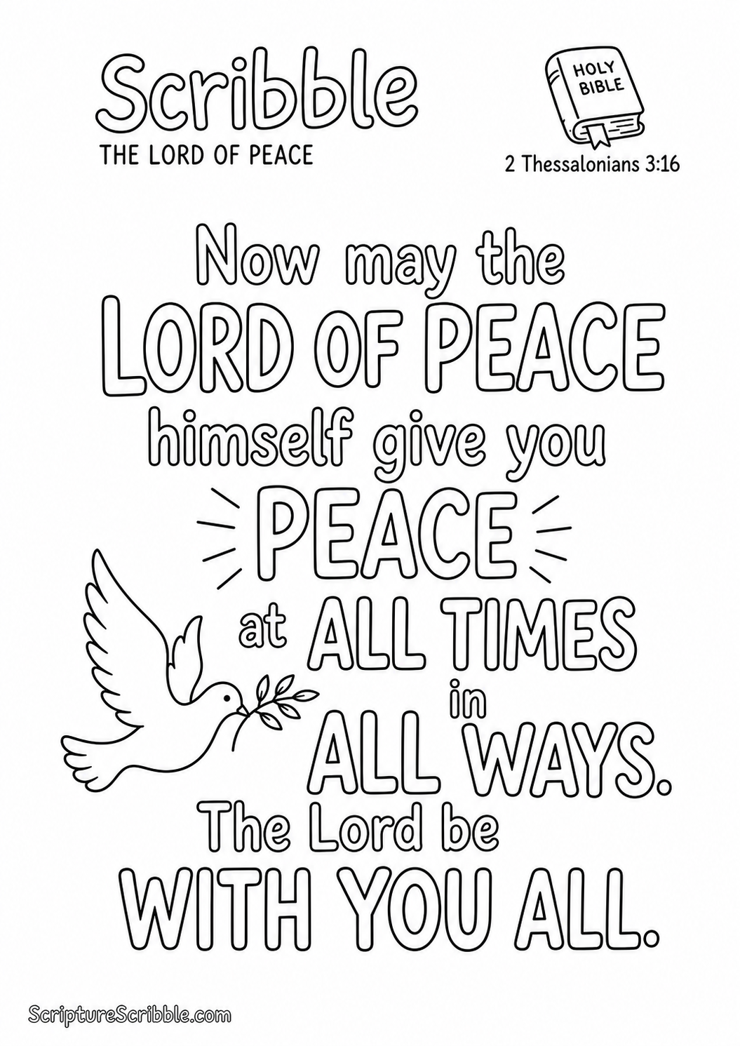 Black-and-white 2 Thessalonians 3:16 Scripture typography colouring page featuring the full verse in large, clear outlined lettering.