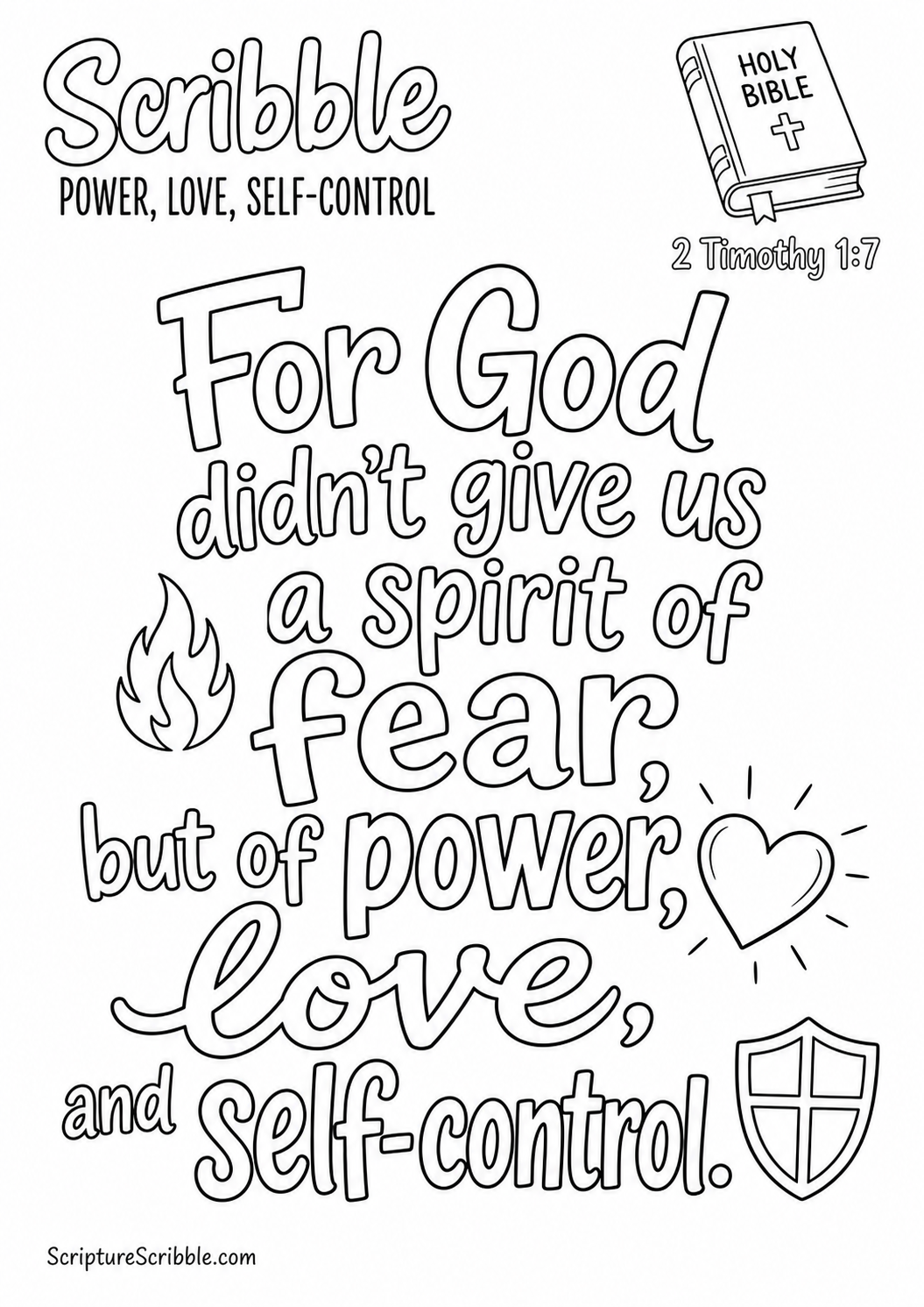 Preview of 2 Timothy 1:7 Power, Love, Self-Control Scripture Typography Colouring Page Printable