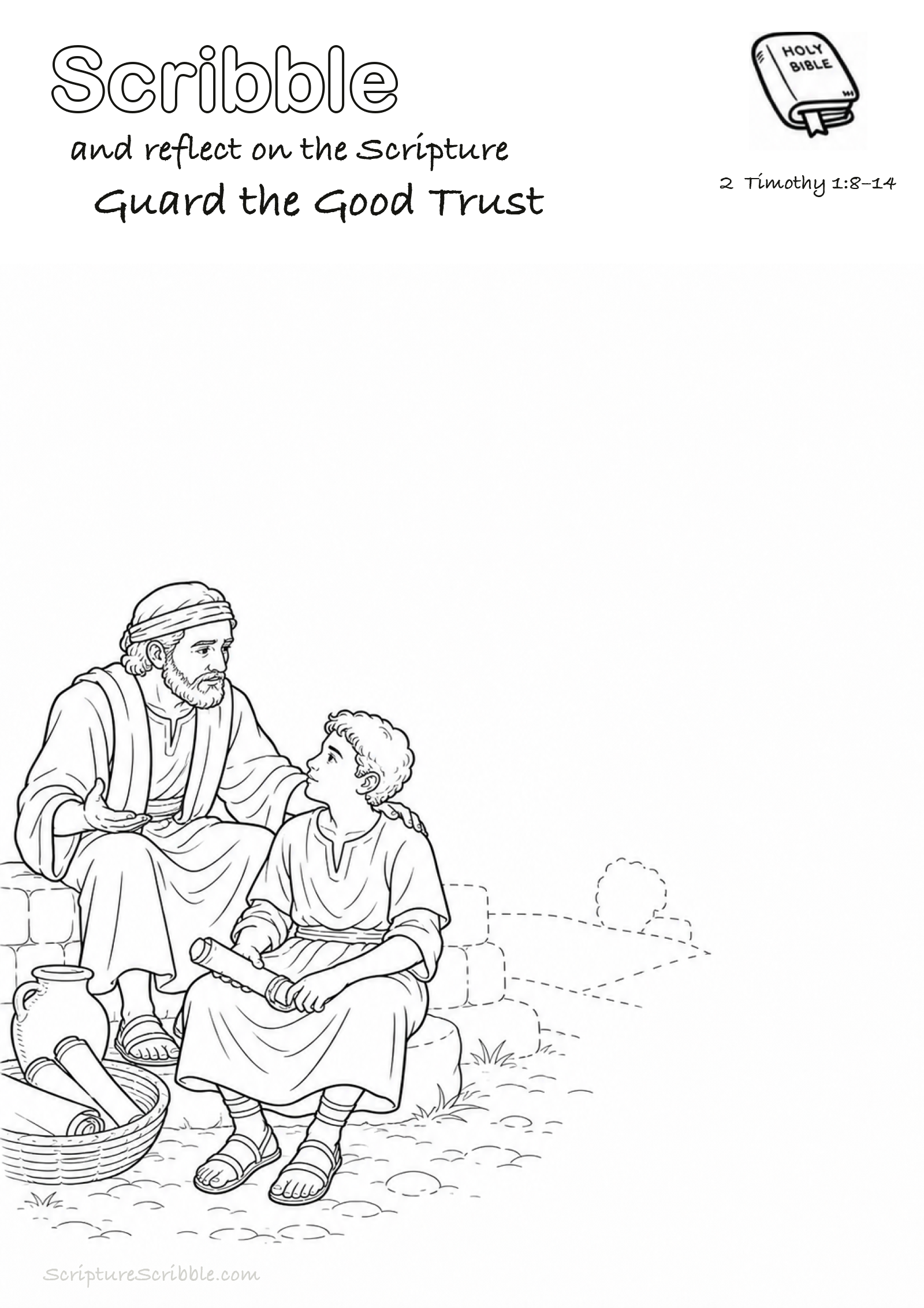 Black-and-white 2 Timothy 1:8–14 devotional drawing page titled Guard the Good Trust, with a branded header, Bible reference and unfinished Bible scene.