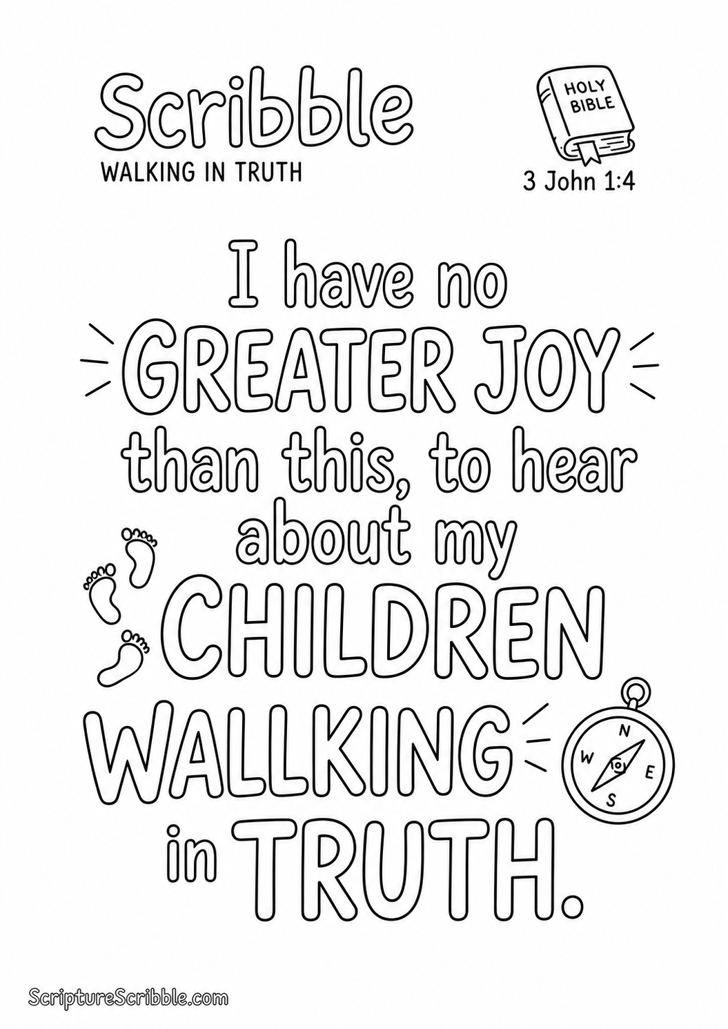 Black-and-white 3 John 1:4 Scripture typography colouring page featuring the full verse in large, clear outlined lettering.