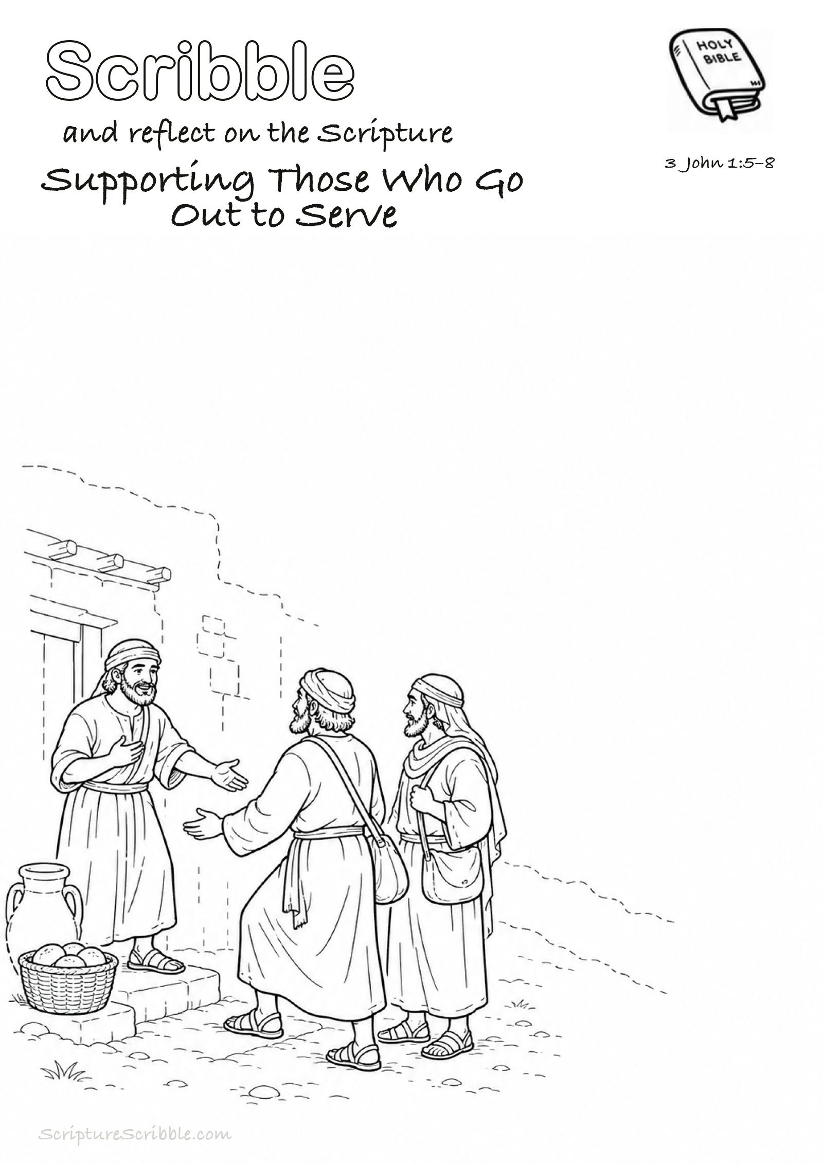 Preview of 3 John 1:5–8 Supporting Those Who Go Out to Serve Devotional Drawing Page Printable