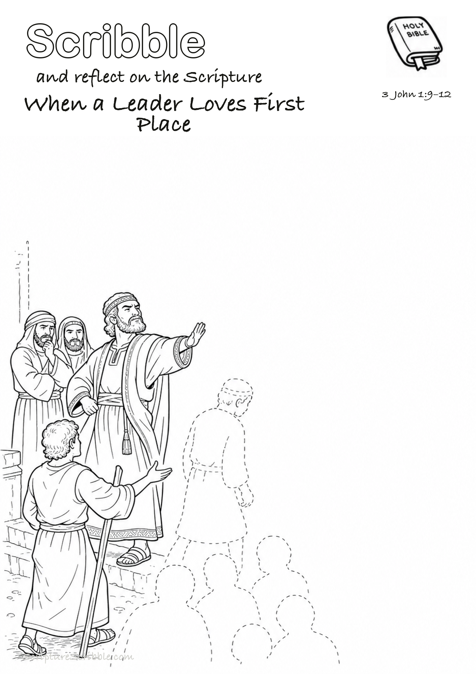 Preview of 3 John 1:9–12 When a Leader Loves First Place Devotional Drawing Page Printable