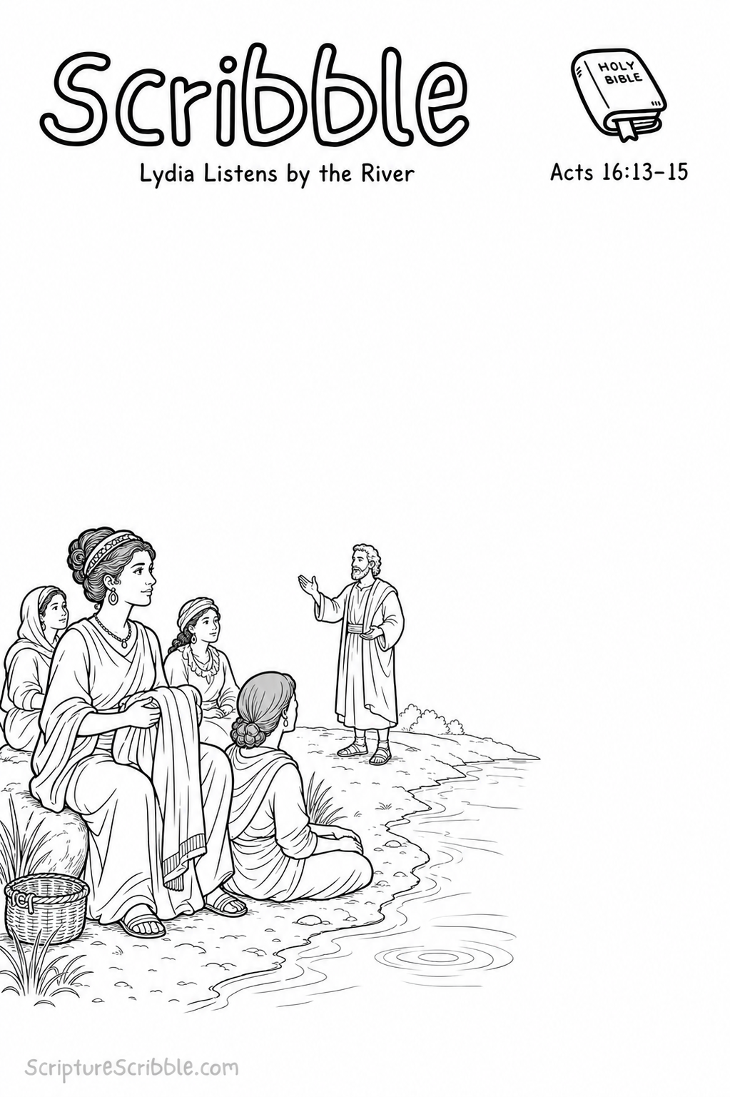 Black-and-white Acts 16:13–15 Scribble printable showing Lydia with folded cloth among women listening to Paul beside a river.