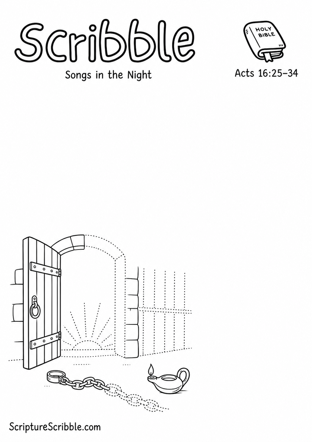 Black-and-white Acts 16:25–34 devotional drawing printable titled Songs in the Night, with an incomplete open prison door, loosened chain and unfinished dawn scene to finish