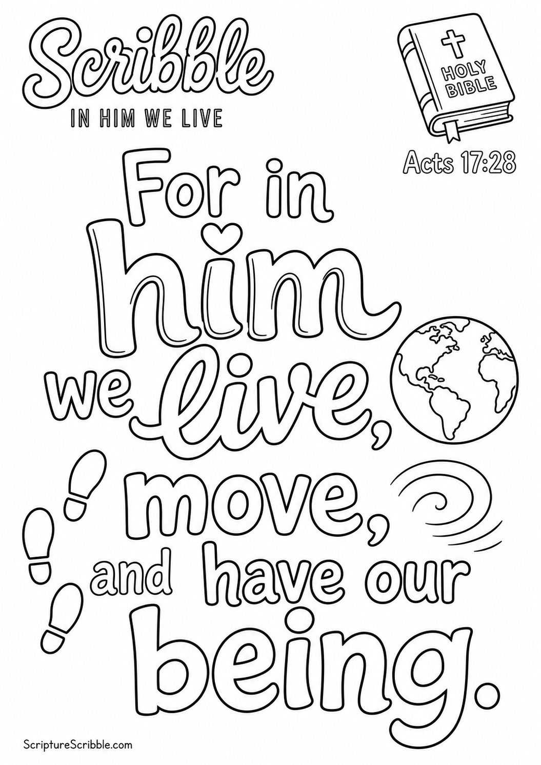 Preview of Acts 17:28 In Him We Live Scripture Typography Colouring Page Printable