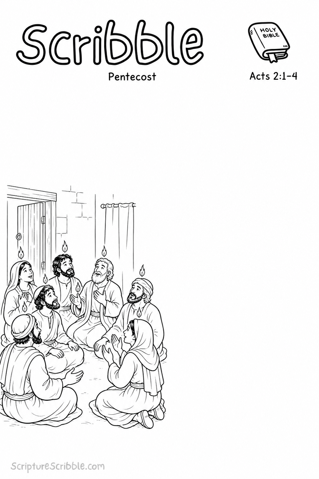 Black-and-white Acts 2:1–4 Scribble printable showing women and men gathered at Pentecost with flame-like signs in an unfinished upper room.