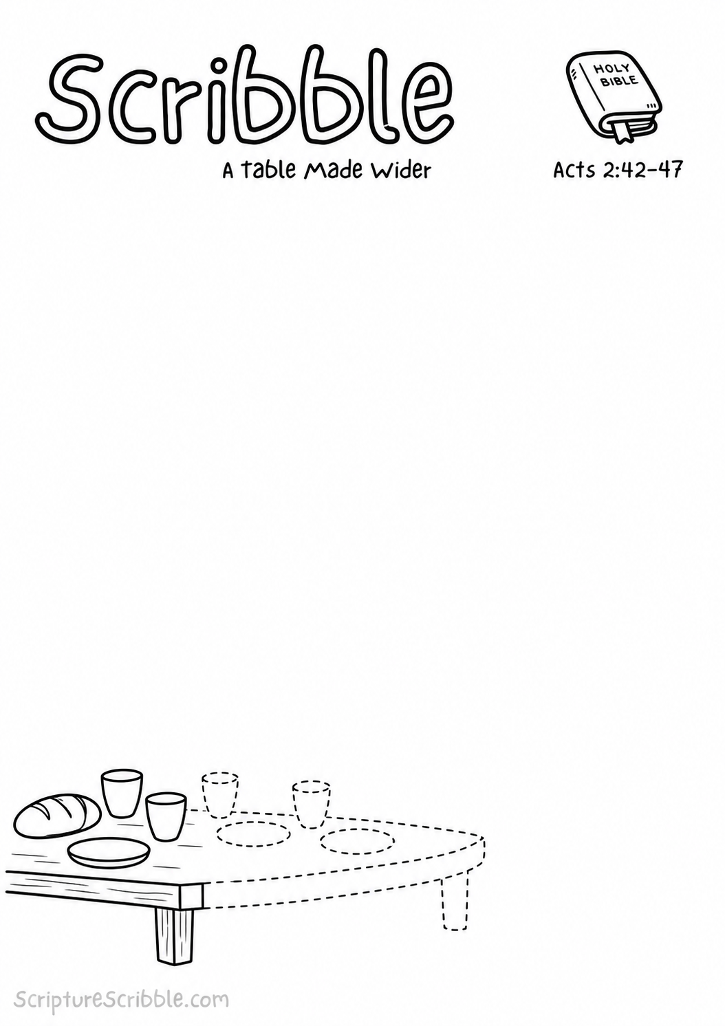 Black-and-white Acts 2:42–47 devotional drawing printable titled A Table Made Wider, with an incomplete shared table and unfinished place settings scene to finish