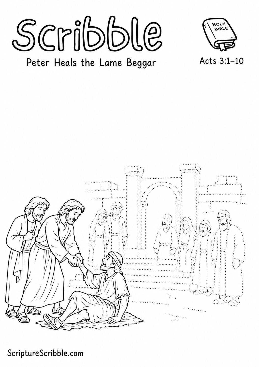 Black-and-white Acts 3:1–10 Scribble printable showing Peter helping an adult man rise while John stands beside an unfinished temple gate.